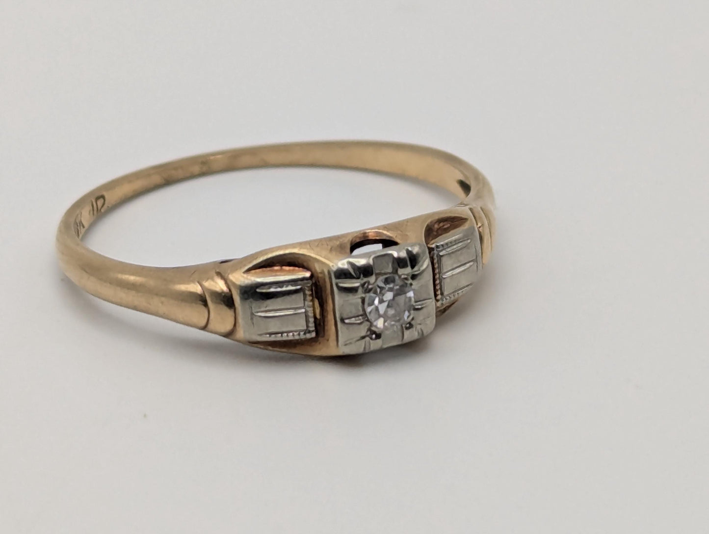 Vintage Art Deco 14K & 18k Multi-Gold Diamond Wedding Engagement Promise Ring.
