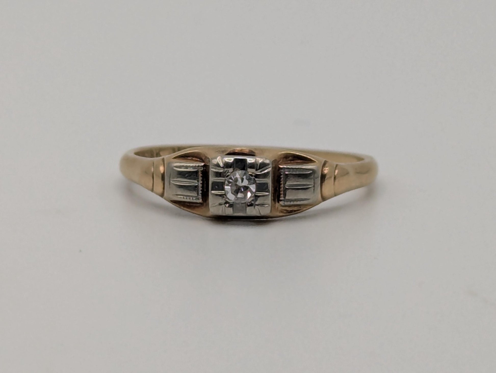 Vintage Art Deco 14K & 18k Multi-Gold Diamond Wedding Engagement Promise Ring.