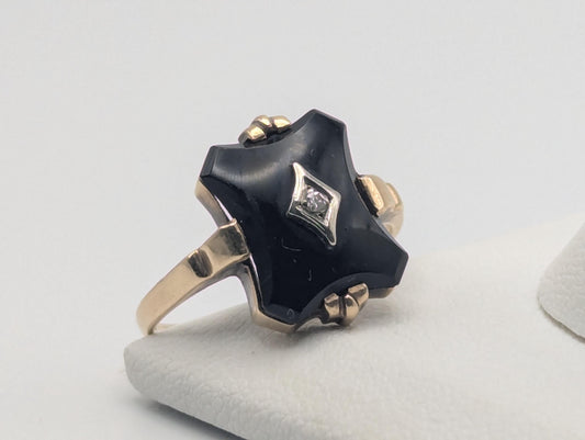 10k Vintage Black Onyx Diamond Ring Statement Ring Signet Ring