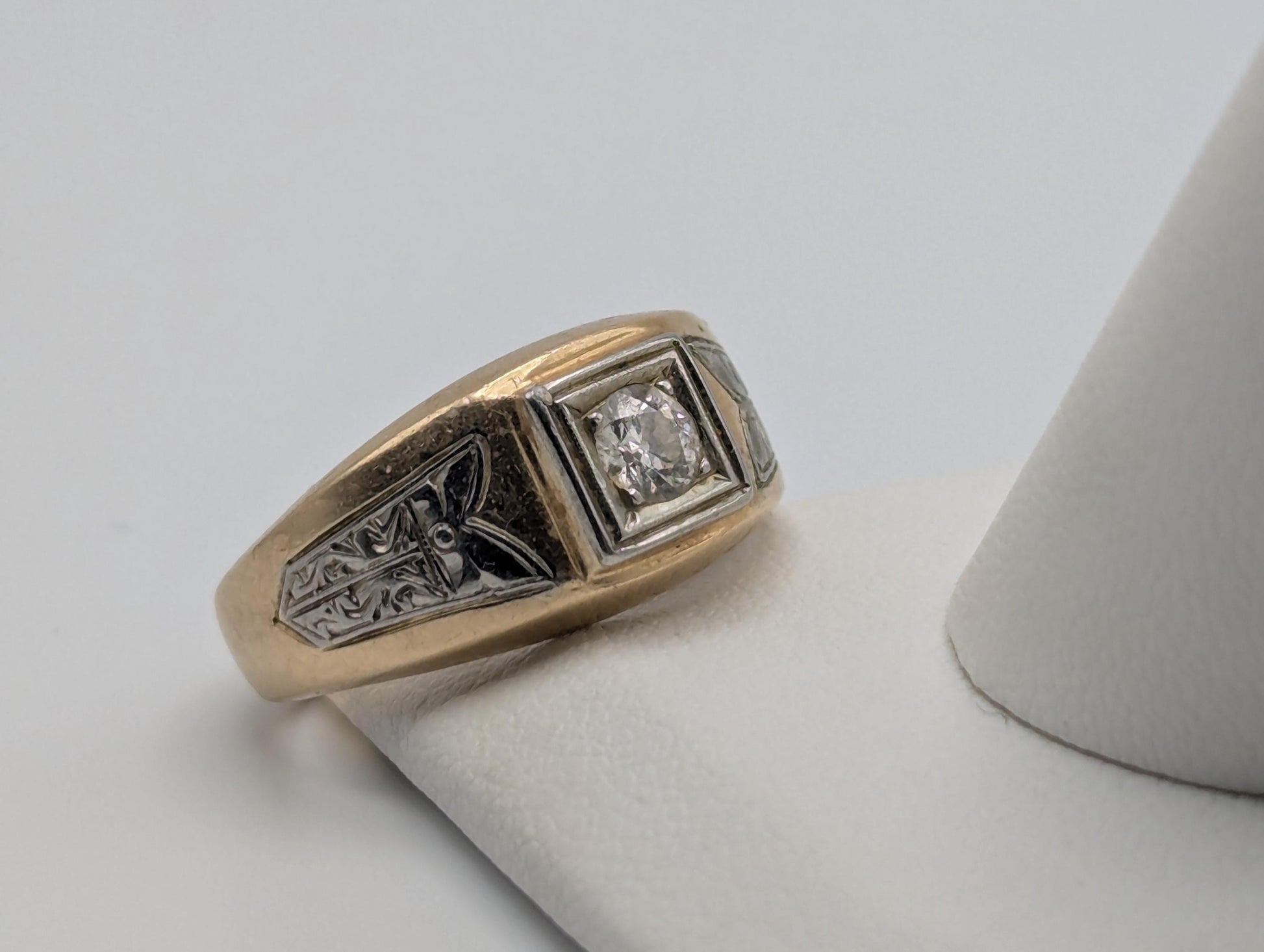 18k 14k Two-Tone Gold .35ct Diamond Mens Wedding Band Signet Ring Pinky Ring