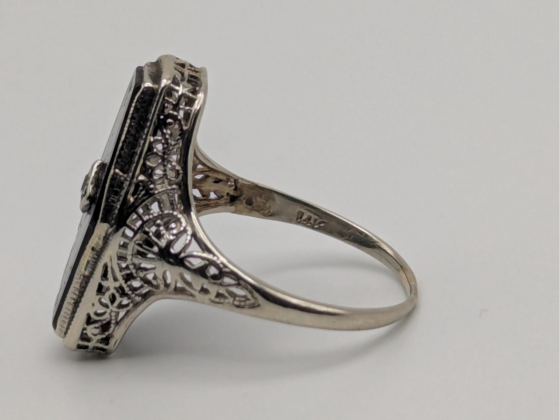 Vintage 14k White Gold Art Deco Black Onyx Diamond Ring Midnight Statement Ring