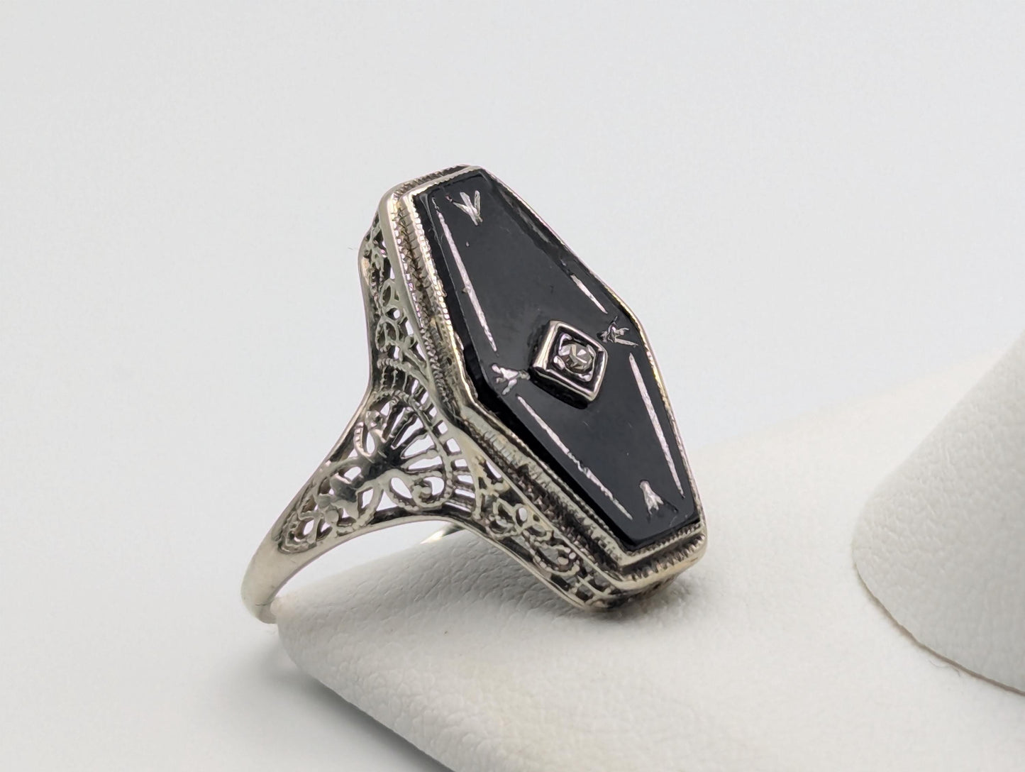Vintage 14k White Gold Art Deco Black Onyx Diamond Ring Midnight Statement Ring