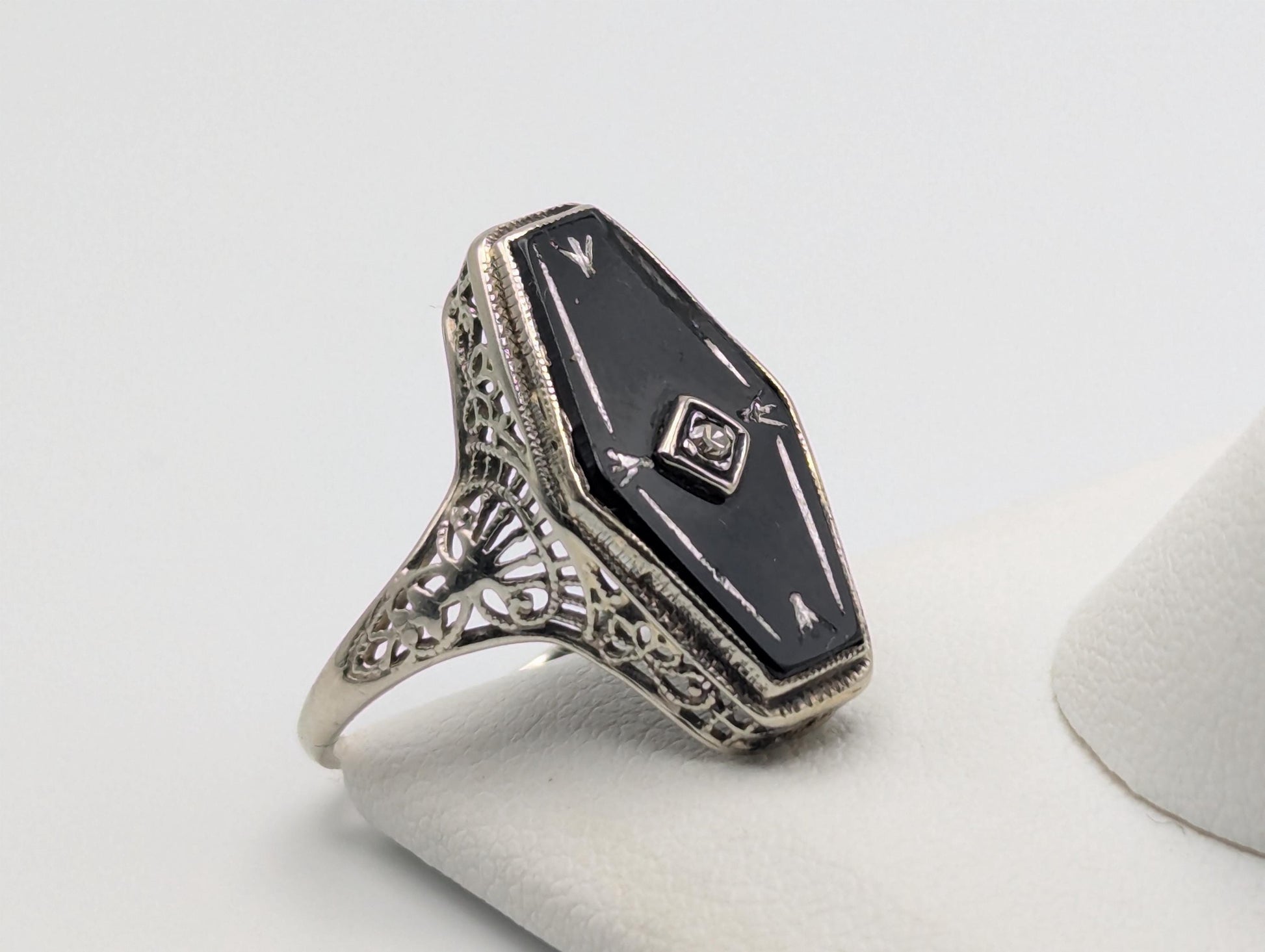 Vintage 14k White Gold Art Deco Black Onyx Diamond Ring Midnight Statement Ring