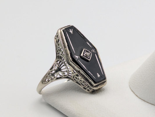 Vintage 14k White Gold Art Deco Black Onyx Diamond Ring Midnight Statement Ring