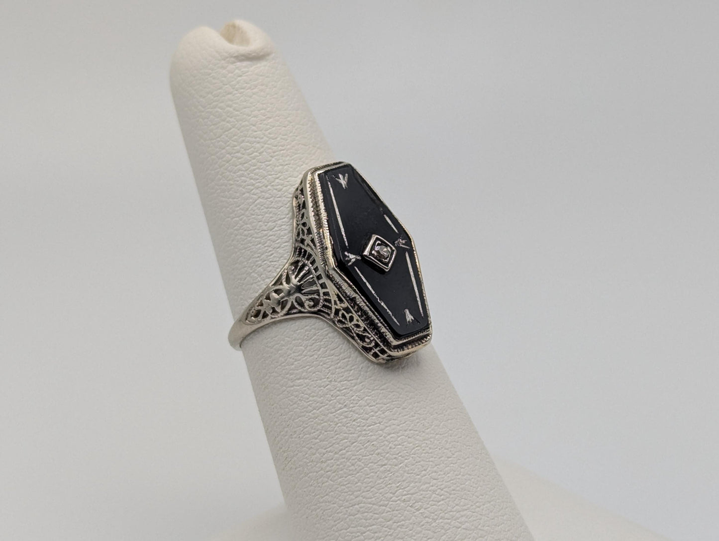 Vintage 14k White Gold Art Deco Black Onyx Diamond Ring Midnight Statement Ring