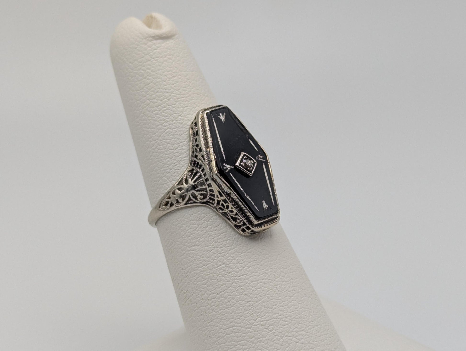Vintage 14k White Gold Art Deco Black Onyx Diamond Ring Midnight Statement Ring