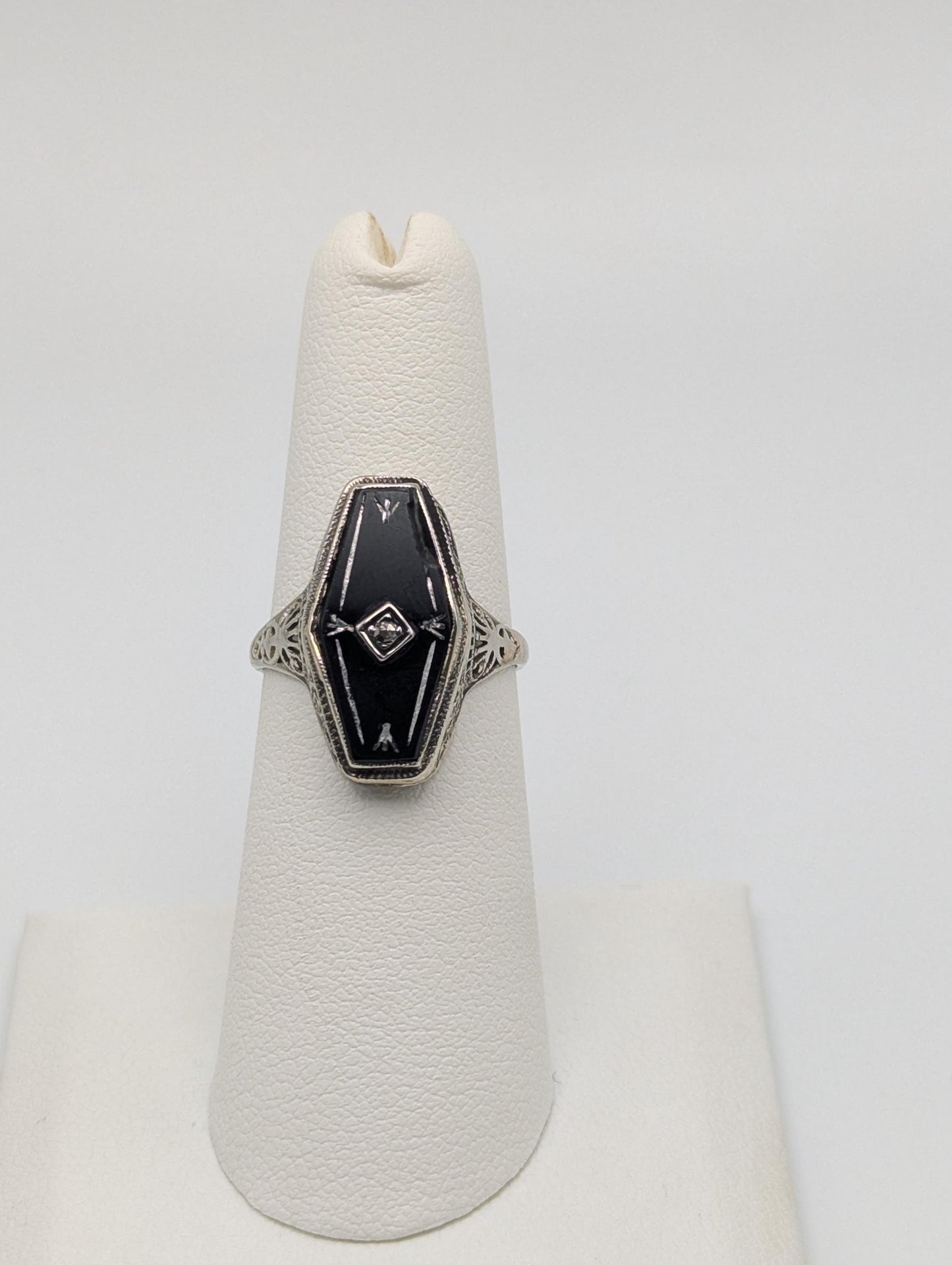 Vintage 14k White Gold Art Deco Black Onyx Diamond Ring Midnight Statement Ring