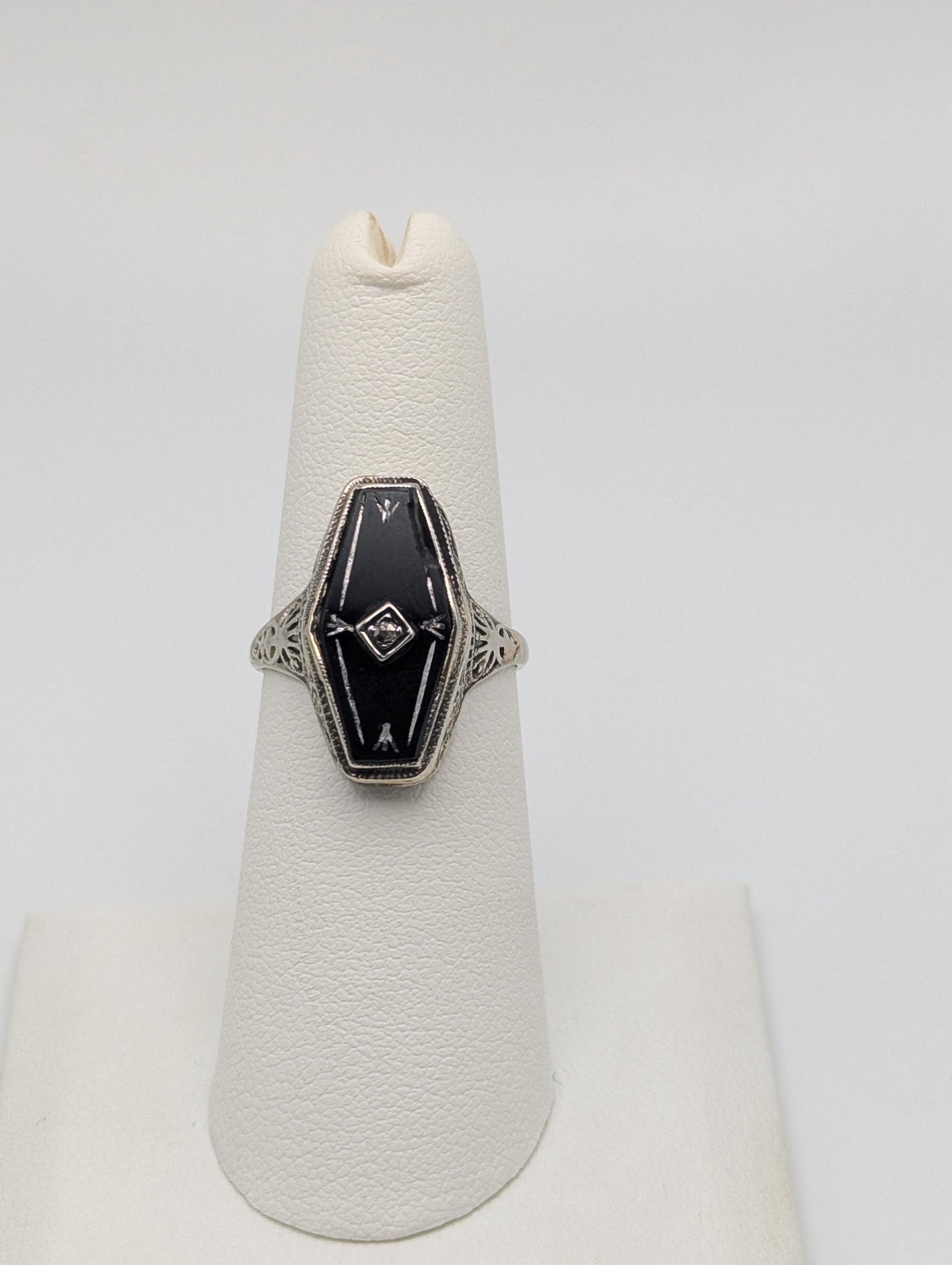 Vintage 14k White Gold Art Deco Black Onyx Diamond Ring Midnight Statement Ring