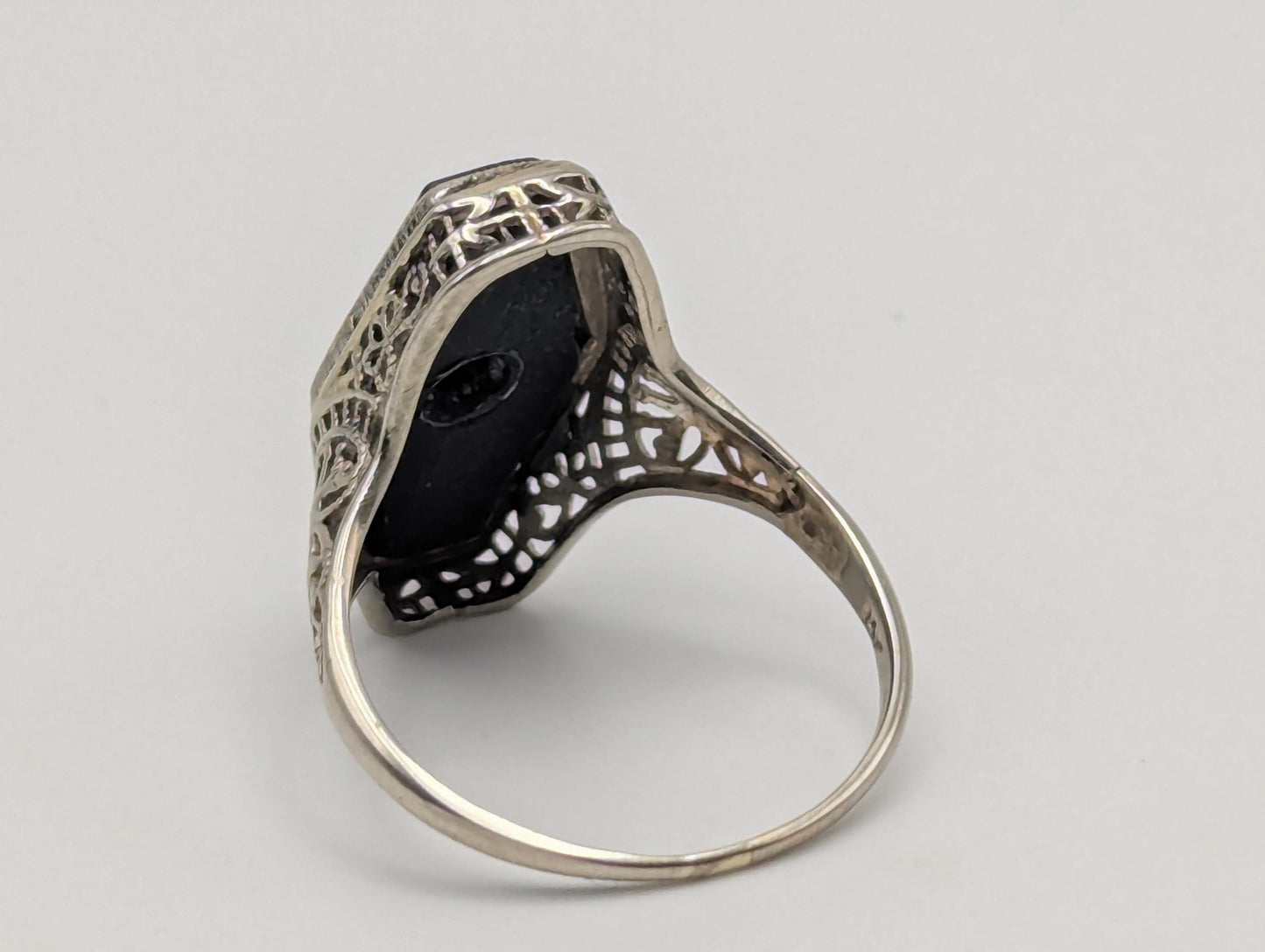 Vintage 14k White Gold Art Deco Black Onyx Diamond Ring Midnight Statement Ring