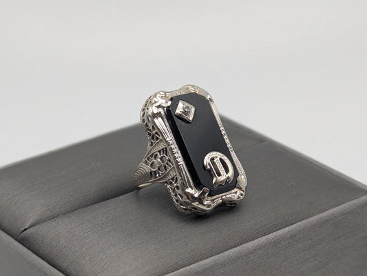 Vintage 10k White Gold Monogram Letter D Black Onyx Diamond Ring Pinky Ring