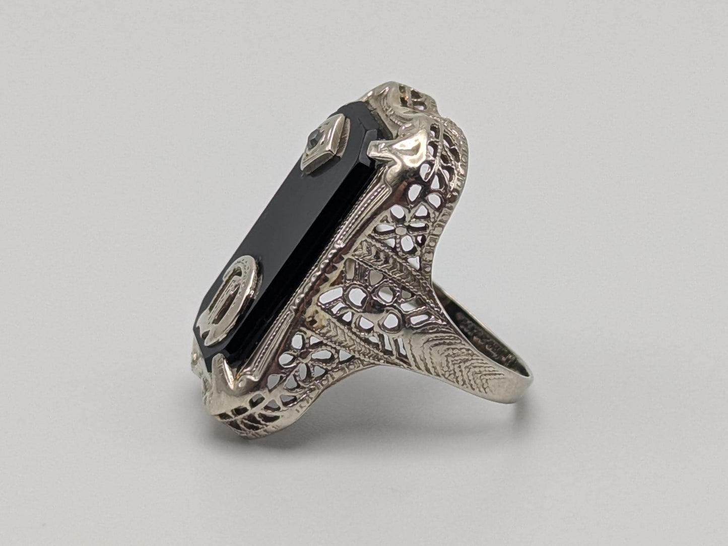 Vintage 10k White Gold Monogram Letter D Black Onyx Diamond Ring Pinky Ring