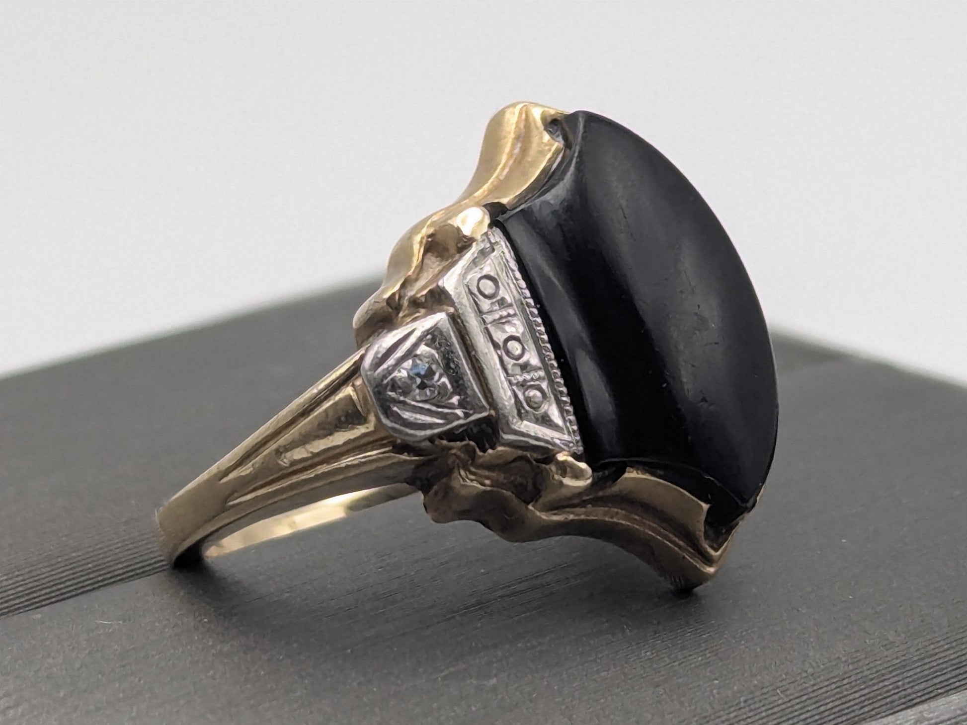 Vintage 10k Yellow Viking Ax Gold Black Onyx Diamond Ring Statement Ring Wedding