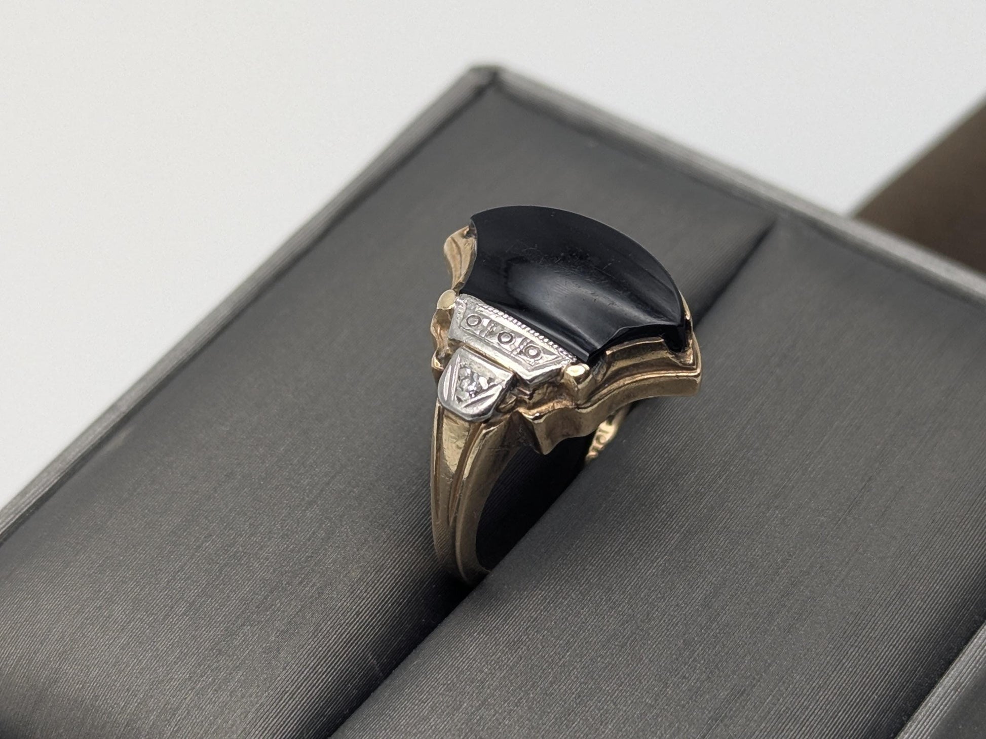 Vintage 10k Yellow Viking Ax Gold Black Onyx Diamond Ring Statement Ring Wedding