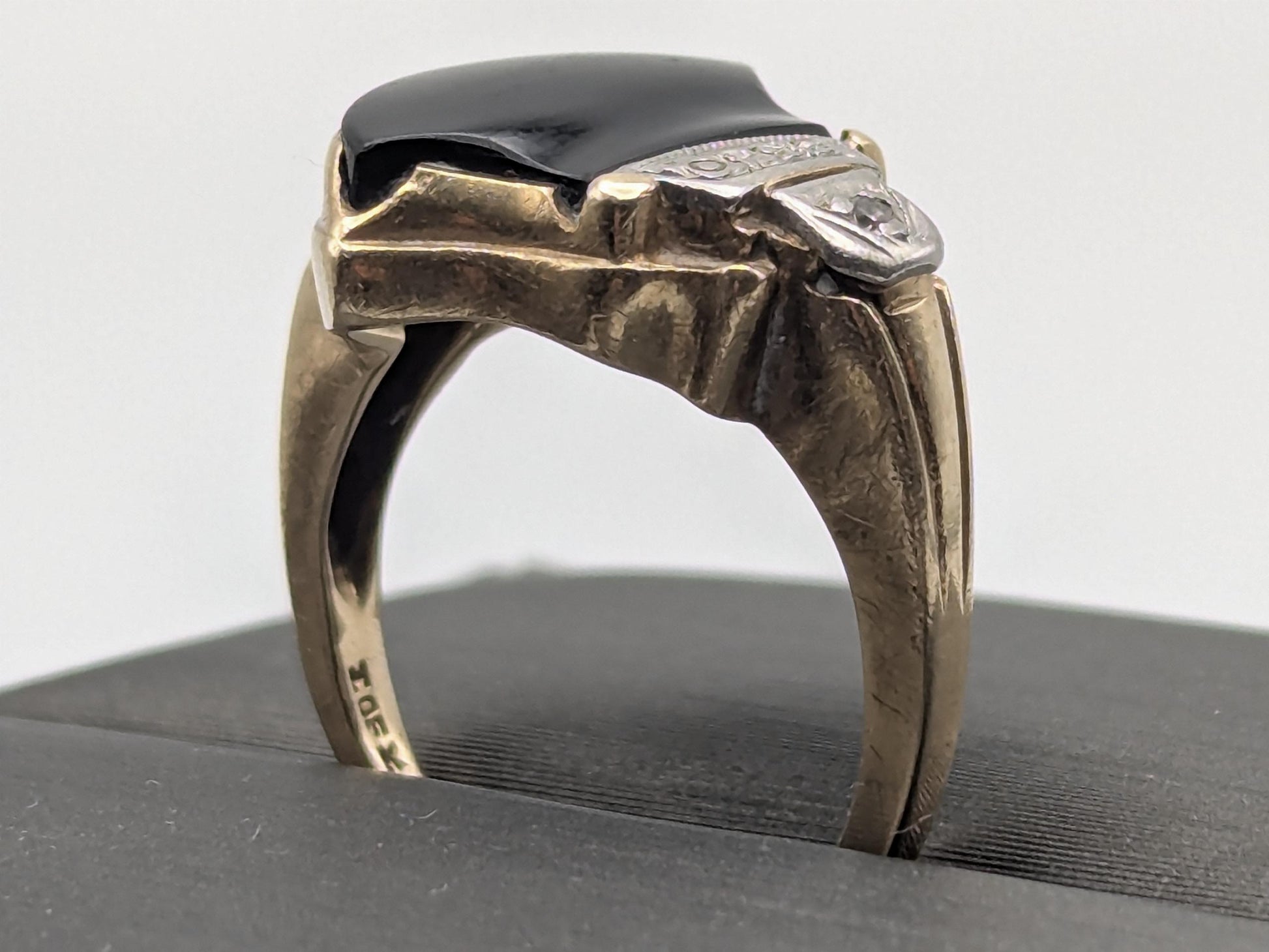 Vintage 10k Yellow Viking Ax Gold Black Onyx Diamond Ring Statement Ring Wedding