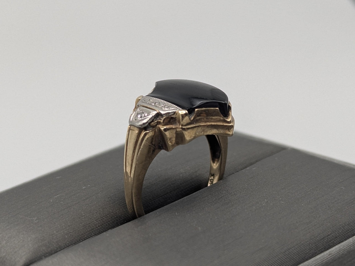 Vintage 10k Yellow Viking Ax Gold Black Onyx Diamond Ring Statement Ring Wedding