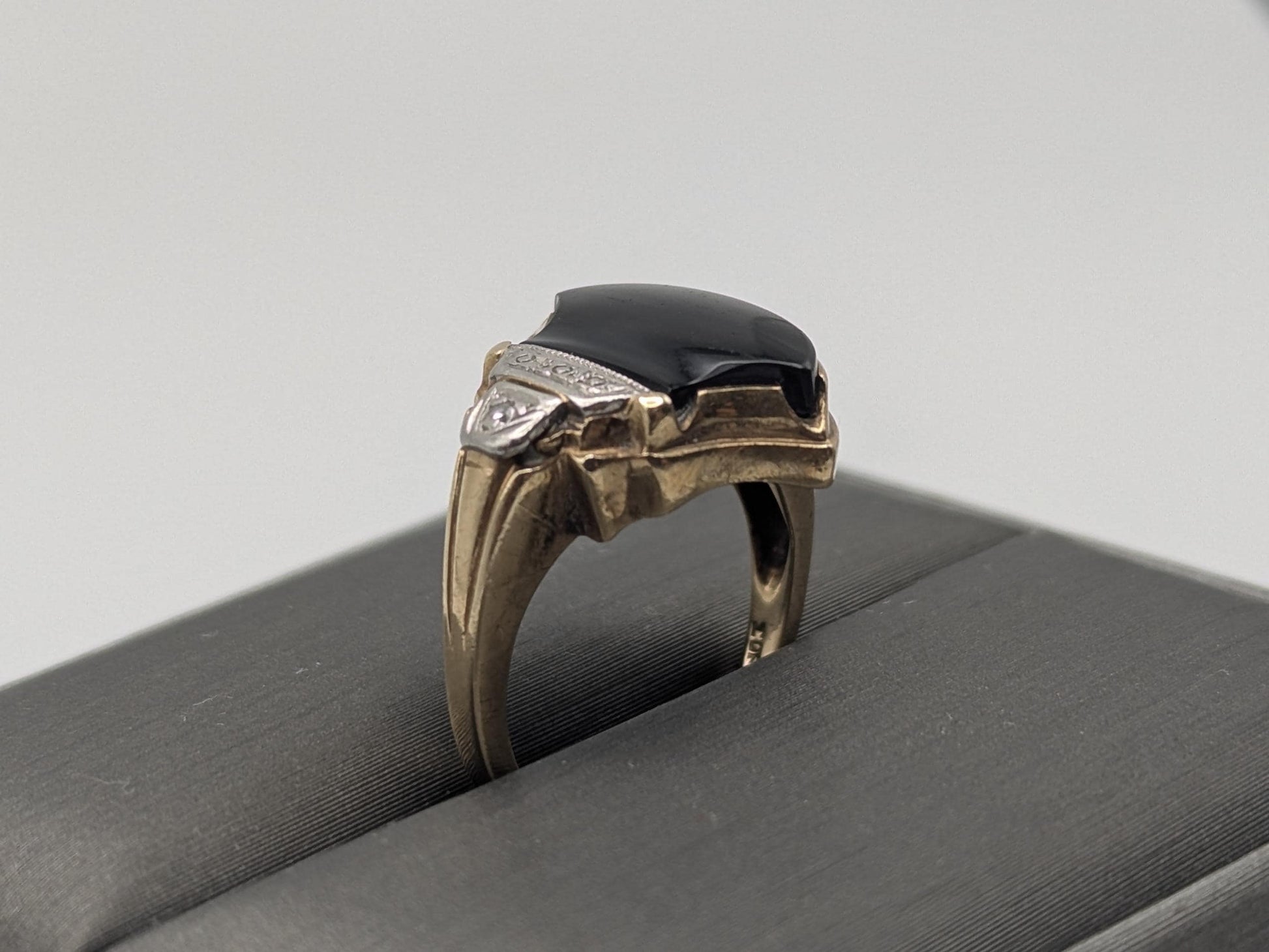 Vintage 10k Yellow Viking Ax Gold Black Onyx Diamond Ring Statement Ring Wedding