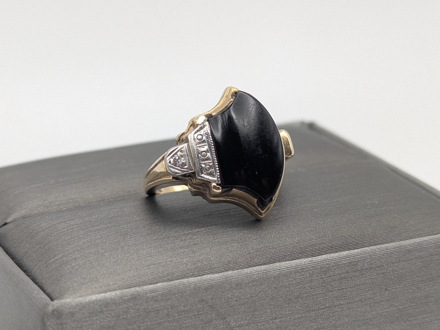 Vintage 10k Yellow Viking Ax Gold Black Onyx Diamond Ring Statement Ring Wedding