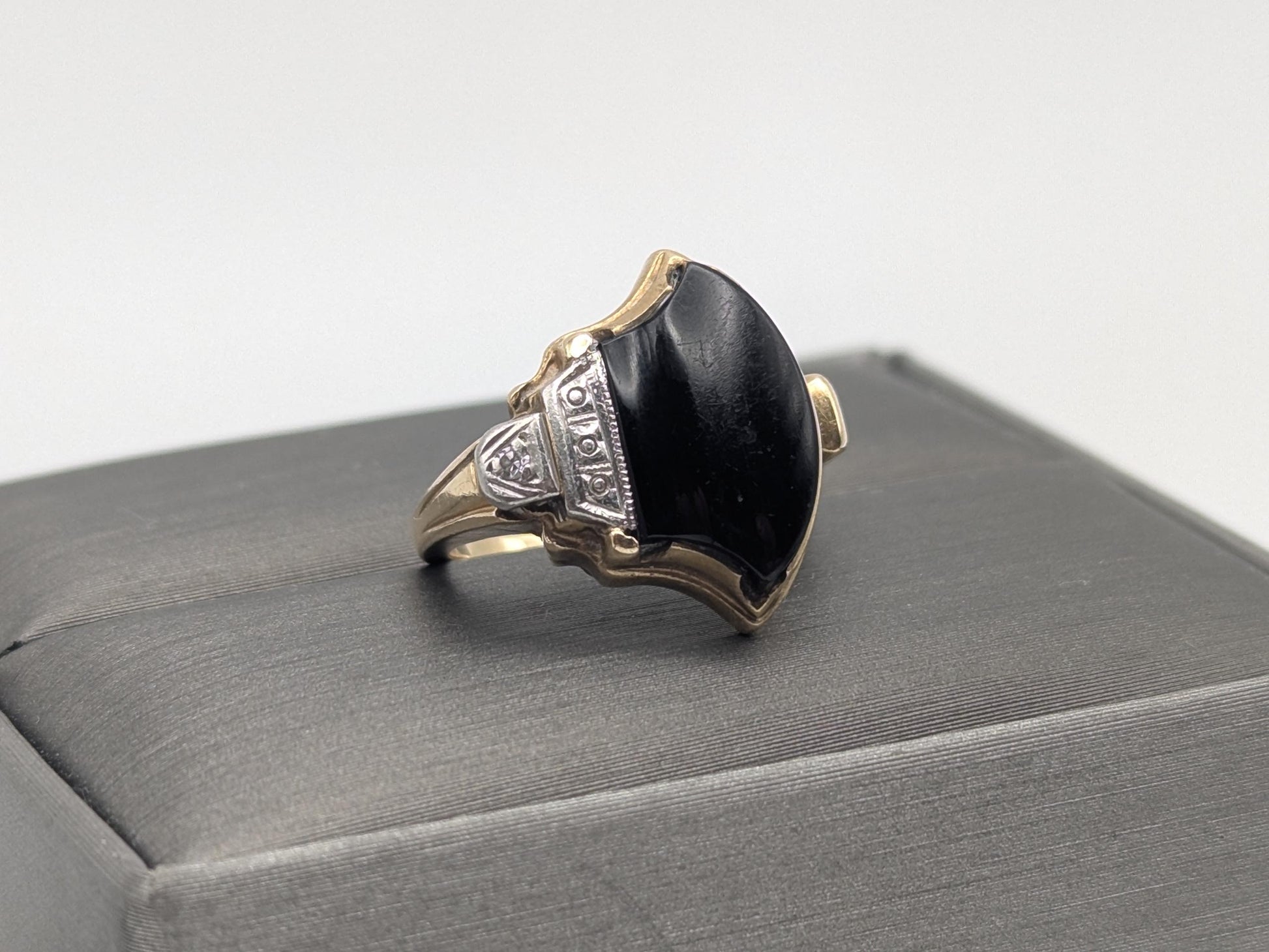 Vintage 10k Yellow Viking Ax Gold Black Onyx Diamond Ring Statement Ring Wedding