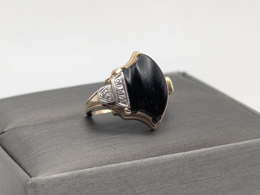 Vintage 10k Yellow Viking Ax Gold Black Onyx Diamond Ring Statement Ring Wedding