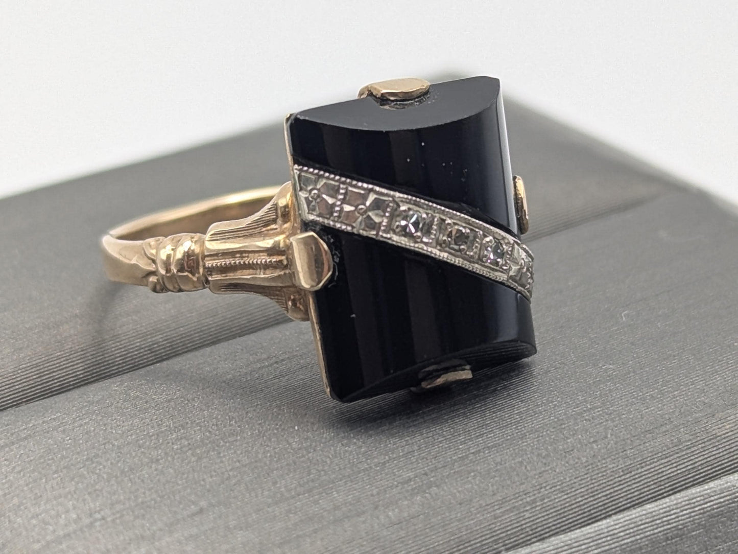 Vintage 10k Yellow Gold Black Onyx Diamond Ring Statement Ring. Signet Ring.