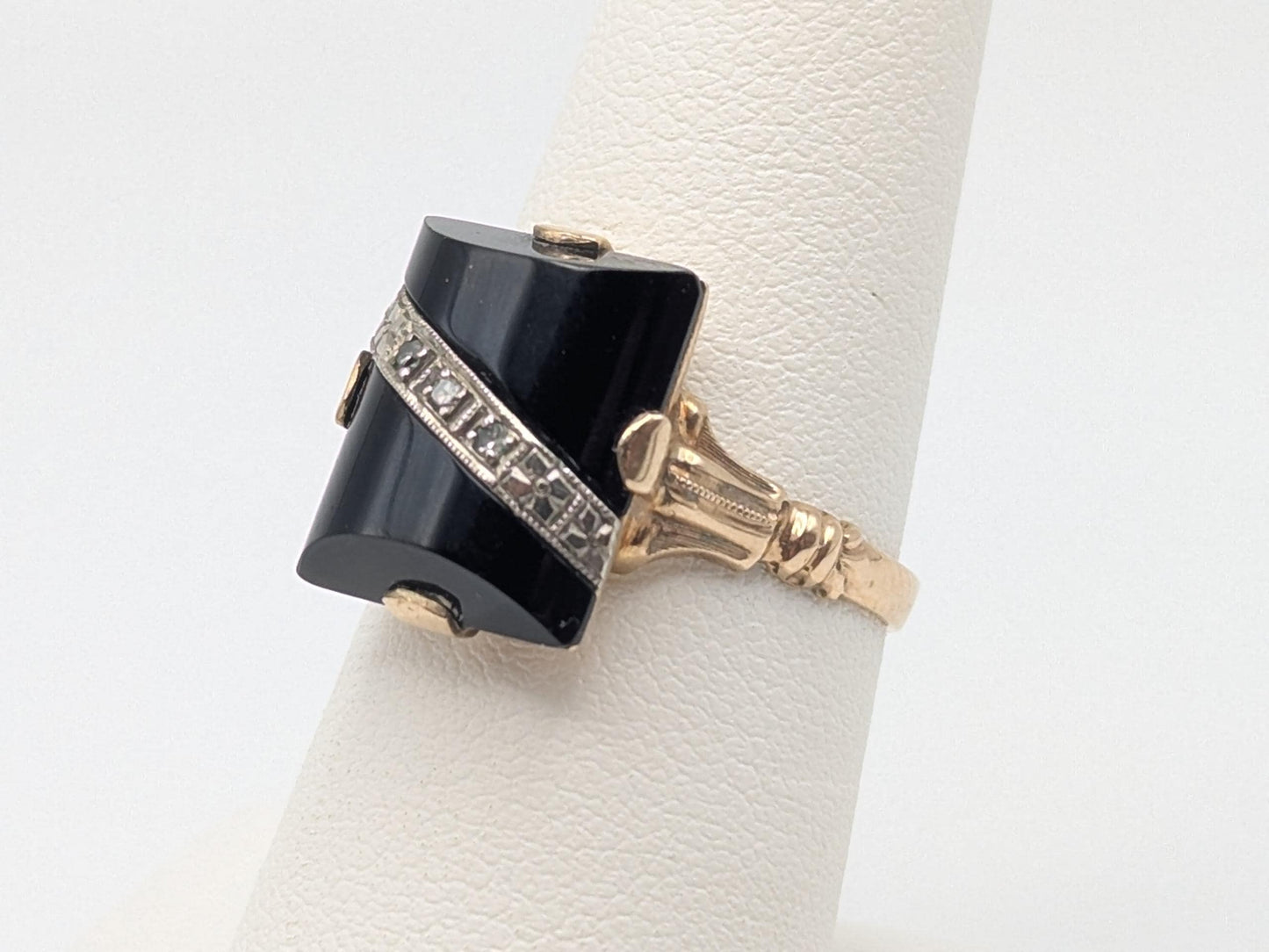 Vintage 10k Yellow Gold Black Onyx Diamond Ring Statement Ring. Signet Ring.