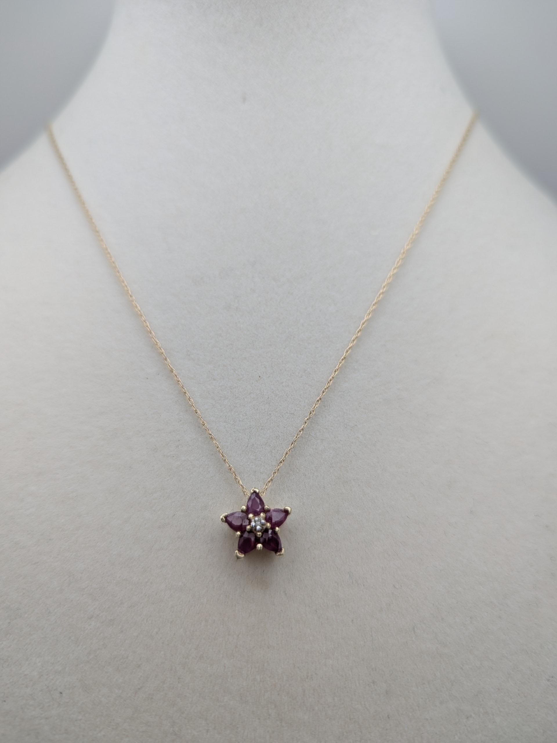 10k Gold Diamond & Ruby Flower Necklace Pendant Yellow Gold Chain