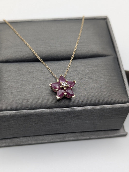 10k Gold Diamond & Ruby Flower Necklace Pendant Yellow Gold Chain