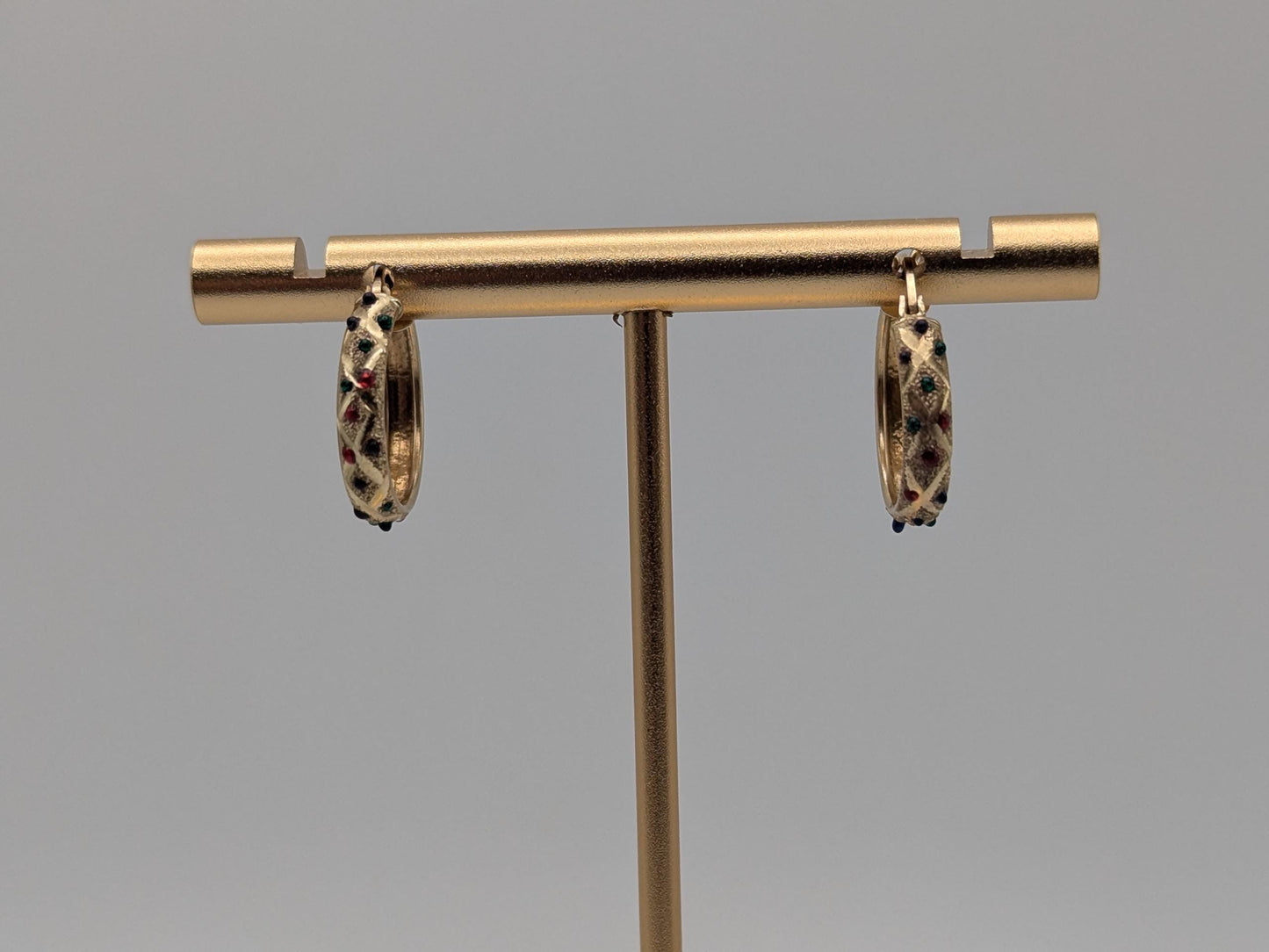 14k Vintage Yellow Gold Quilted Textured Multi-Gem Hoop Earrings Gold Hoops Hinged