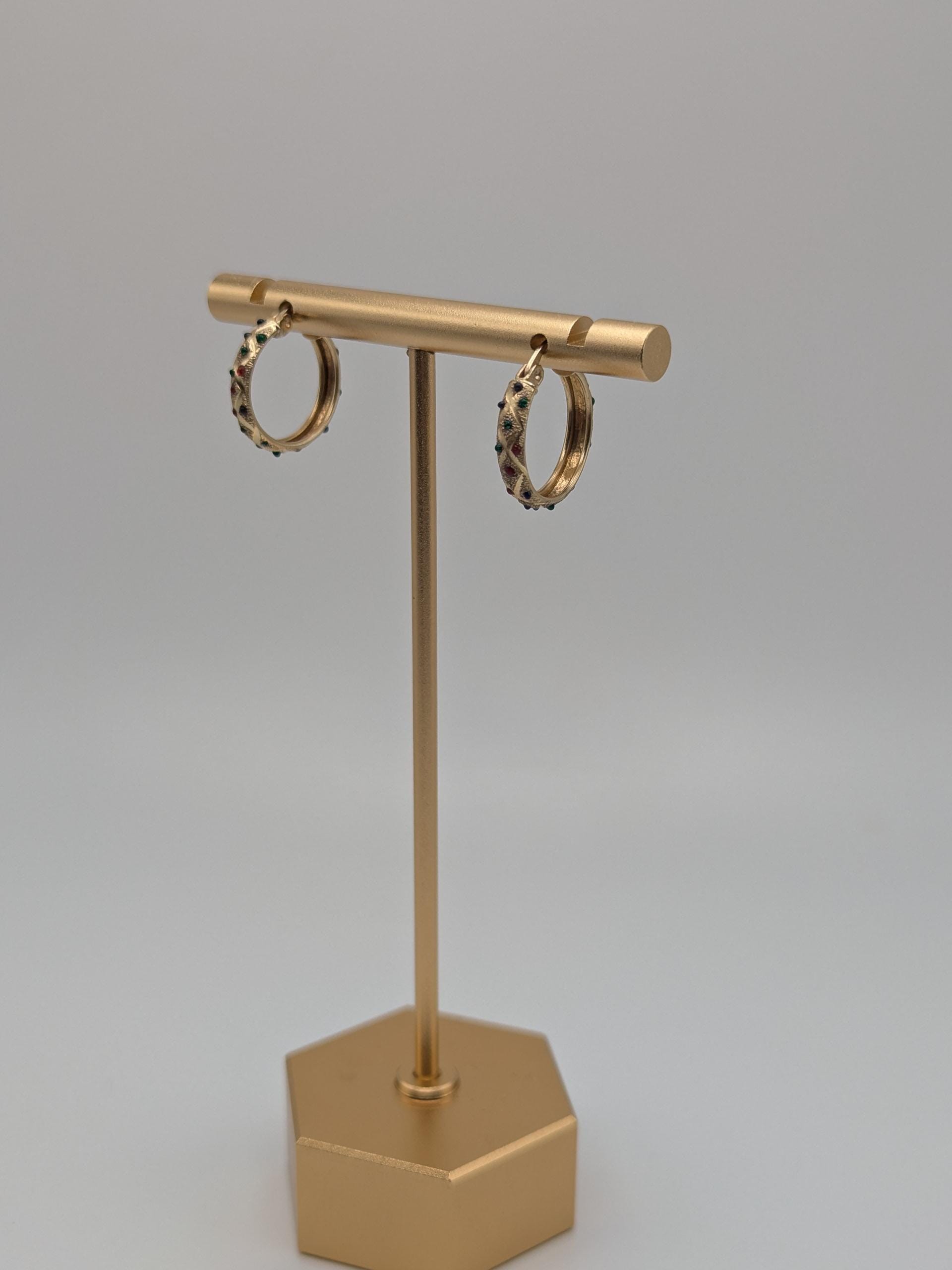 14k Vintage Yellow Gold Quilted Textured Multi-Gem Hoop Earrings Gold Hoops Hinged