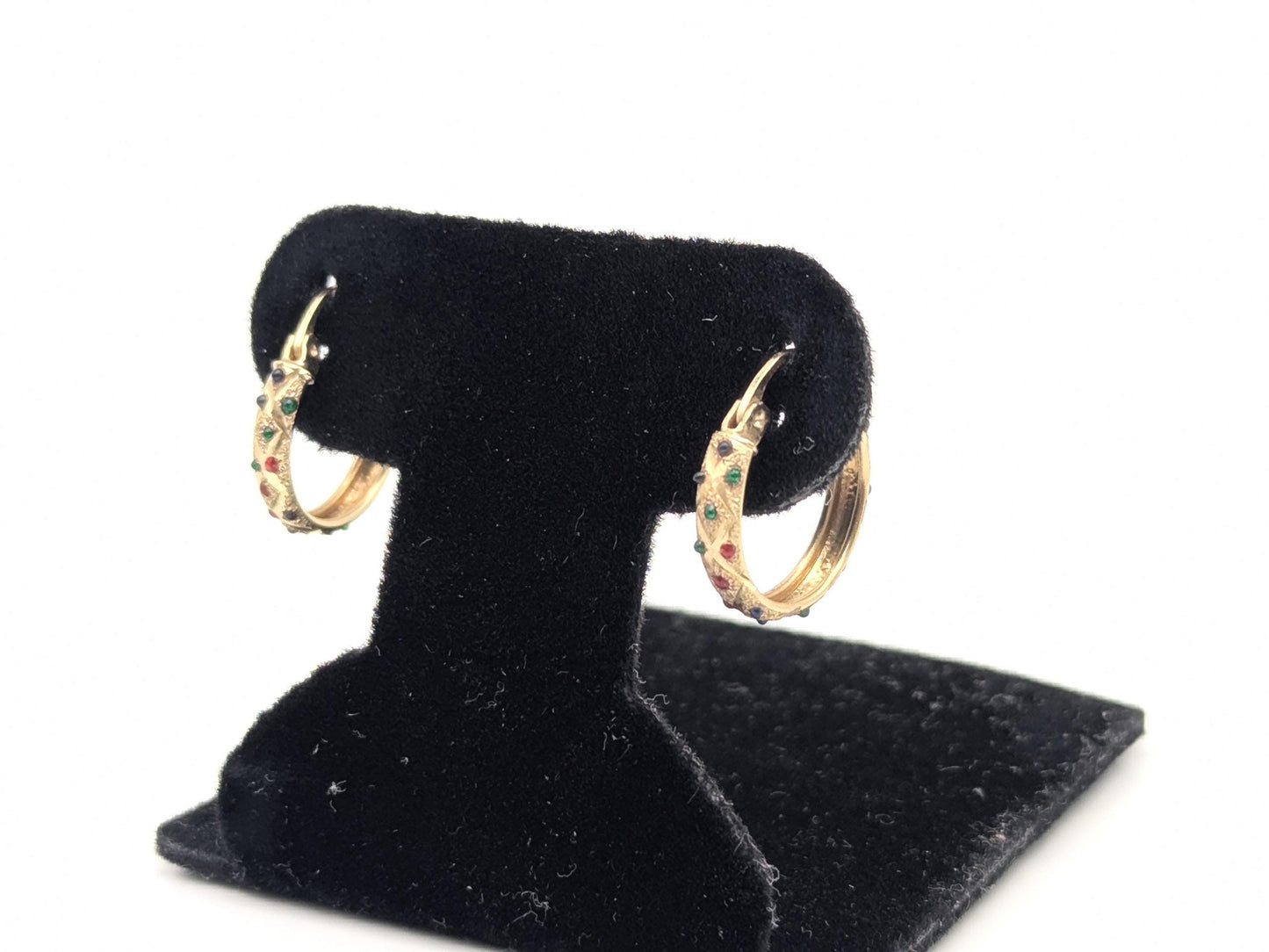 14k Vintage Yellow Gold Quilted Textured Multi-Gem Hoop Earrings Gold Hoops Hinged