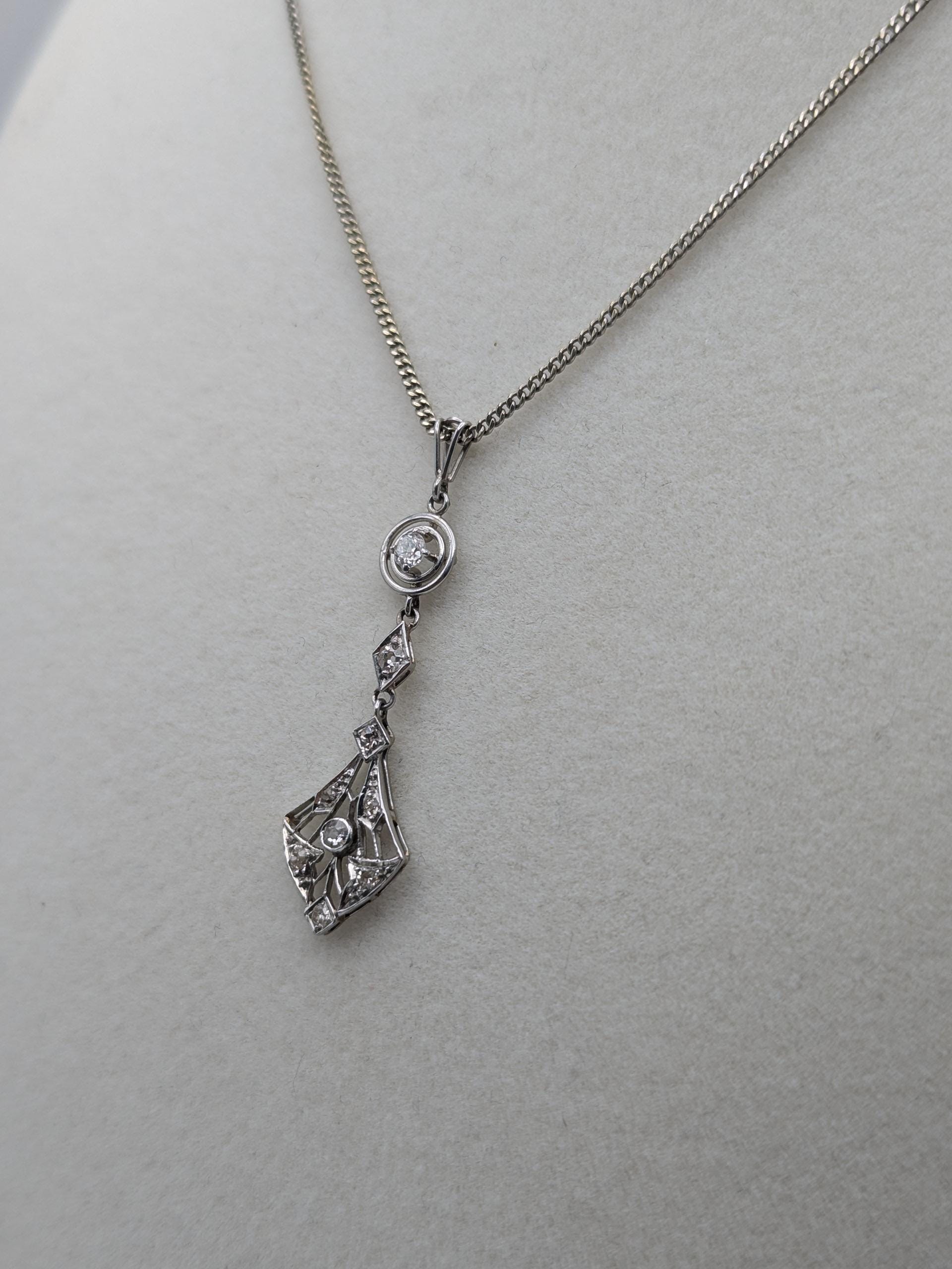 Platinum Pendant Lavaliere Diamond 14k Gold Necklace Chain Vintage Victorian Necklace. 15"