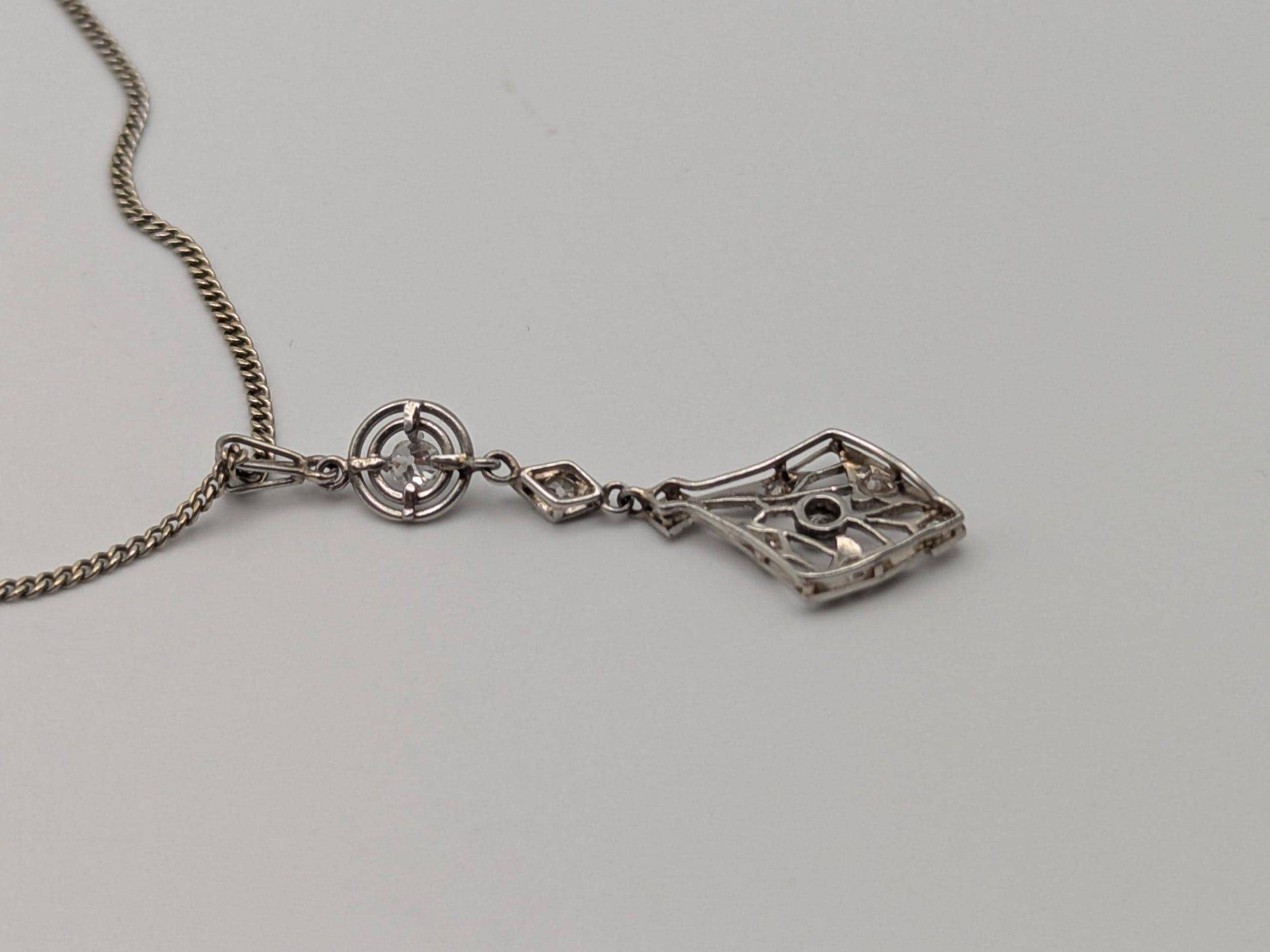 Platinum Pendant Lavaliere Diamond 14k Gold Necklace Chain Vintage Victorian Necklace. 15"