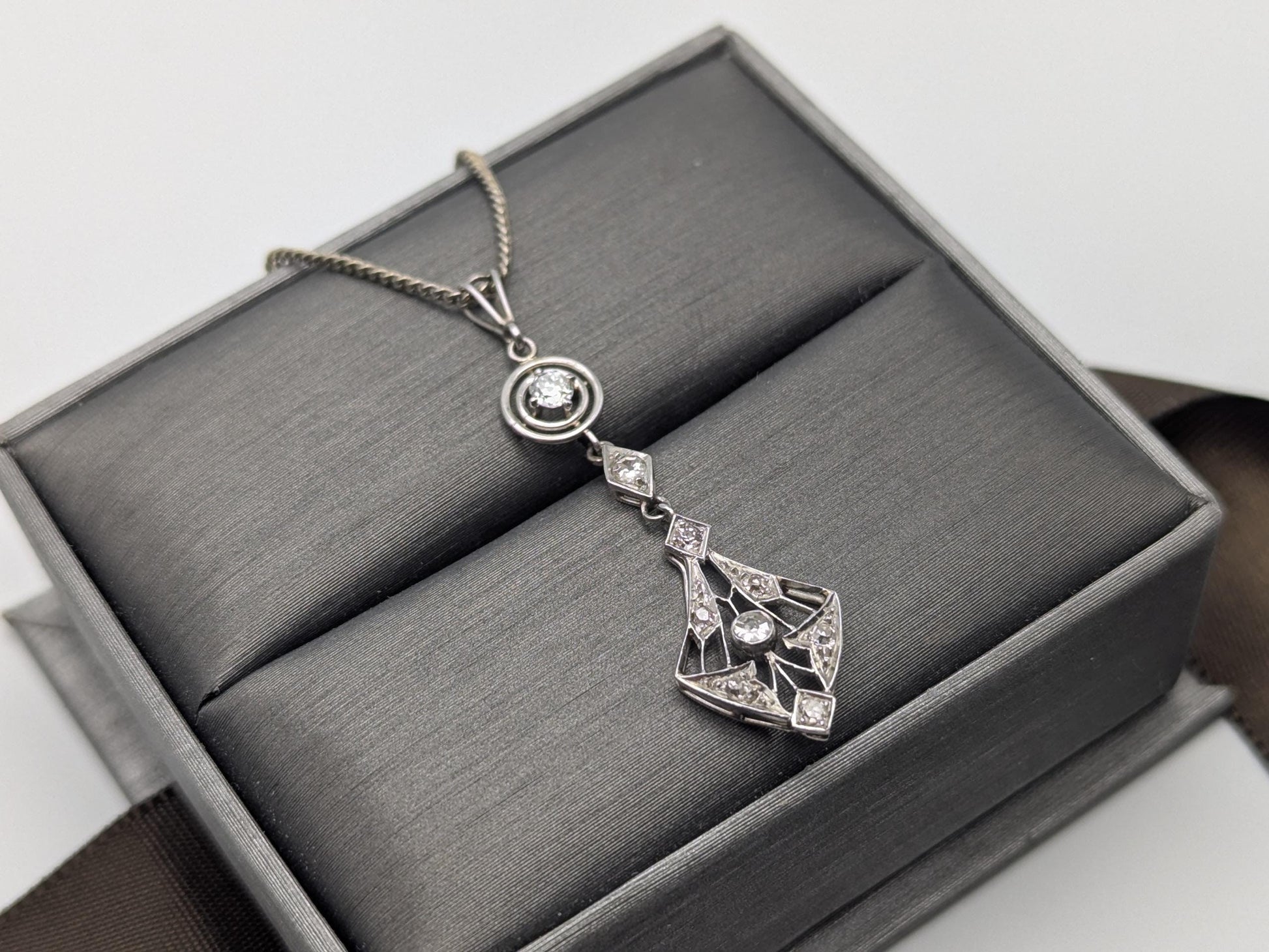 Platinum Pendant Lavaliere Diamond 14k Gold Necklace Chain Vintage Victorian Necklace. 15"