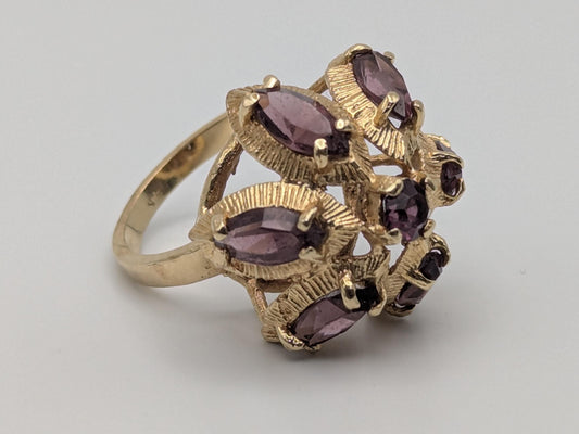 14k Yellow Gold Purple Gemstone Flower Ring Cocktail Statement Band