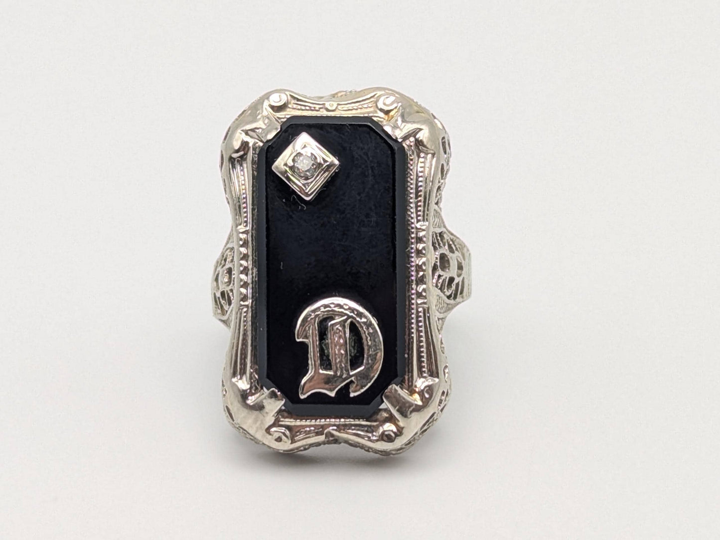 Vintage 10k White Gold Monogram Letter D Black Onyx Diamond Ring Pinky Ring