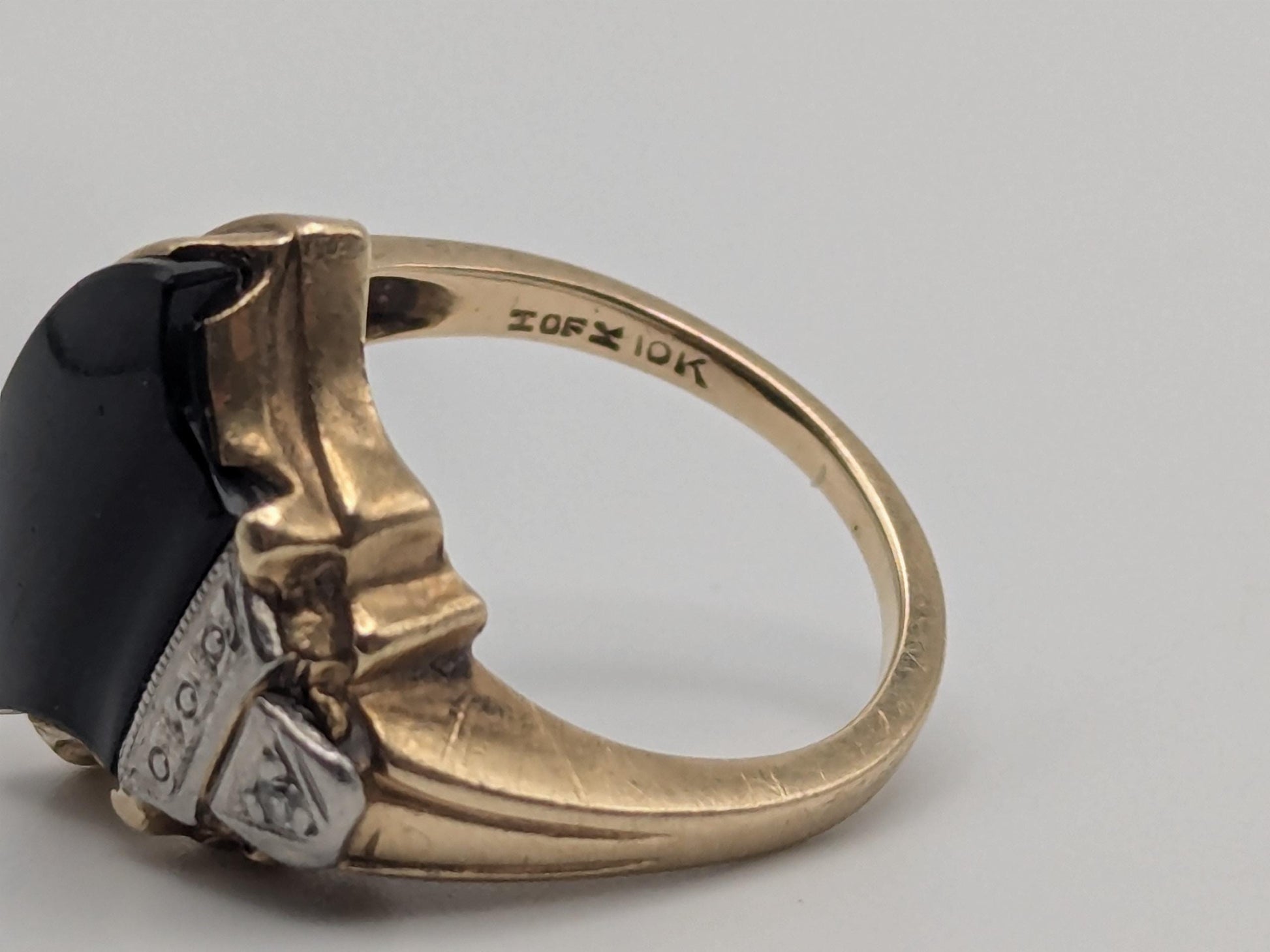 Vintage 10k Yellow Viking Ax Gold Black Onyx Diamond Ring Statement Ring Wedding