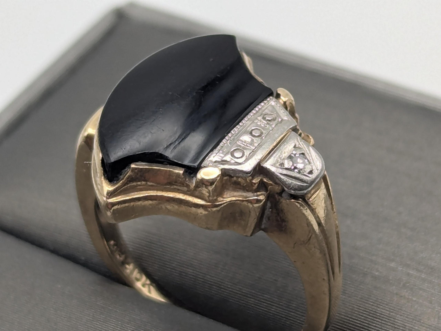 Vintage 10k Yellow Viking Ax Gold Black Onyx Diamond Ring Statement Ring Wedding