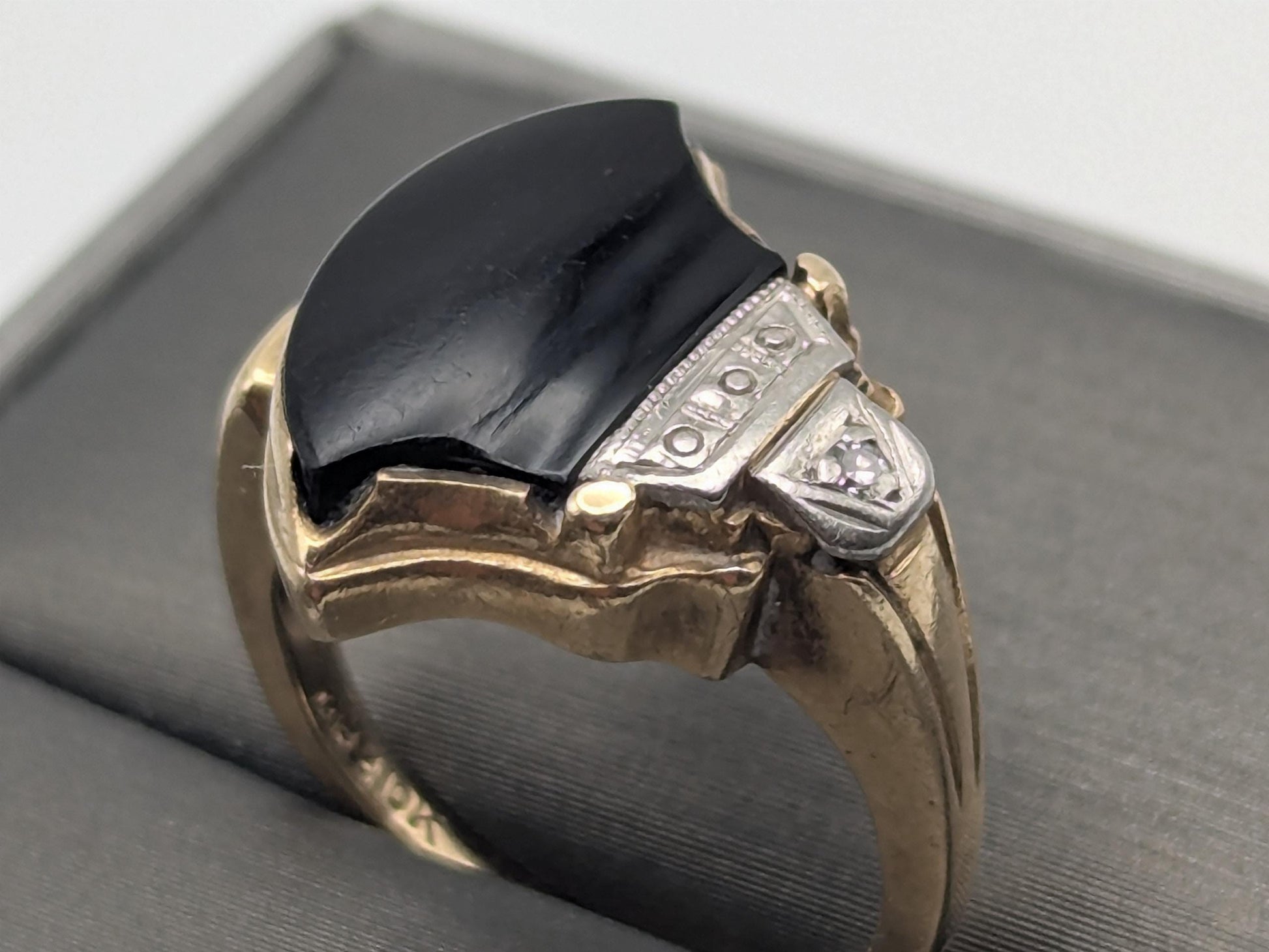 Vintage 10k Yellow Viking Ax Gold Black Onyx Diamond Ring Statement Ring Wedding