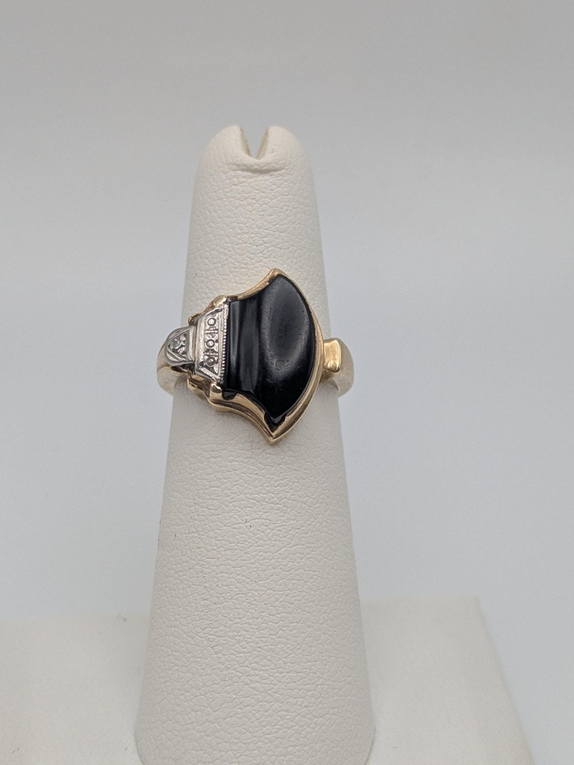 Vintage 10k Yellow Viking Ax Gold Black Onyx Diamond Ring Statement Ring Wedding