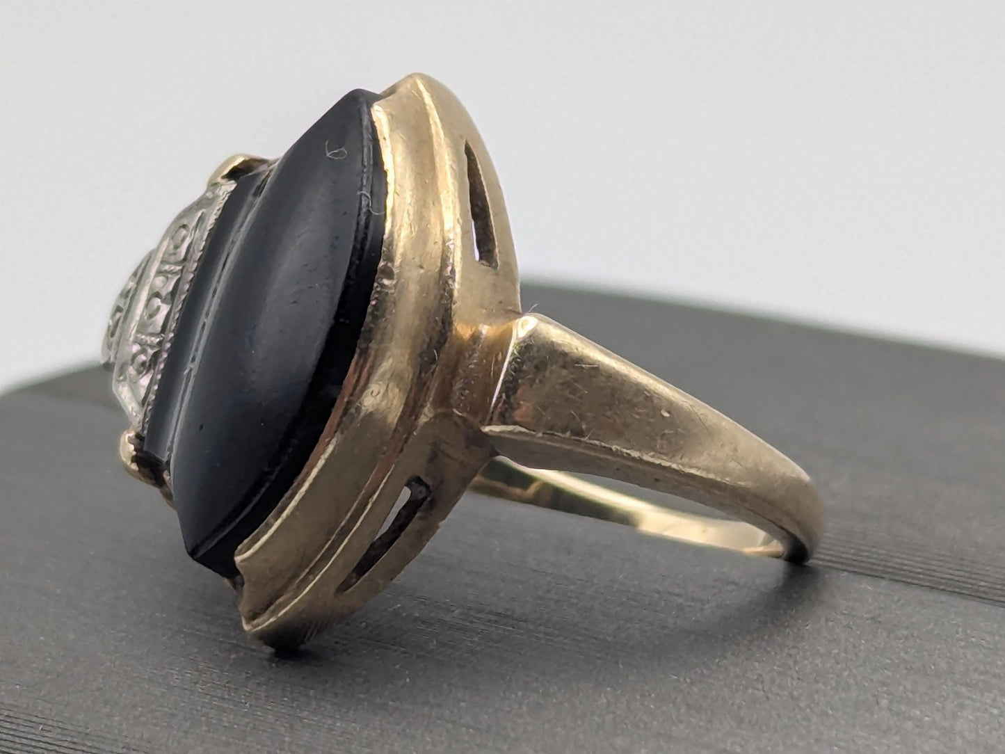 Vintage 10k Yellow Viking Ax Gold Black Onyx Diamond Ring Statement Ring Wedding