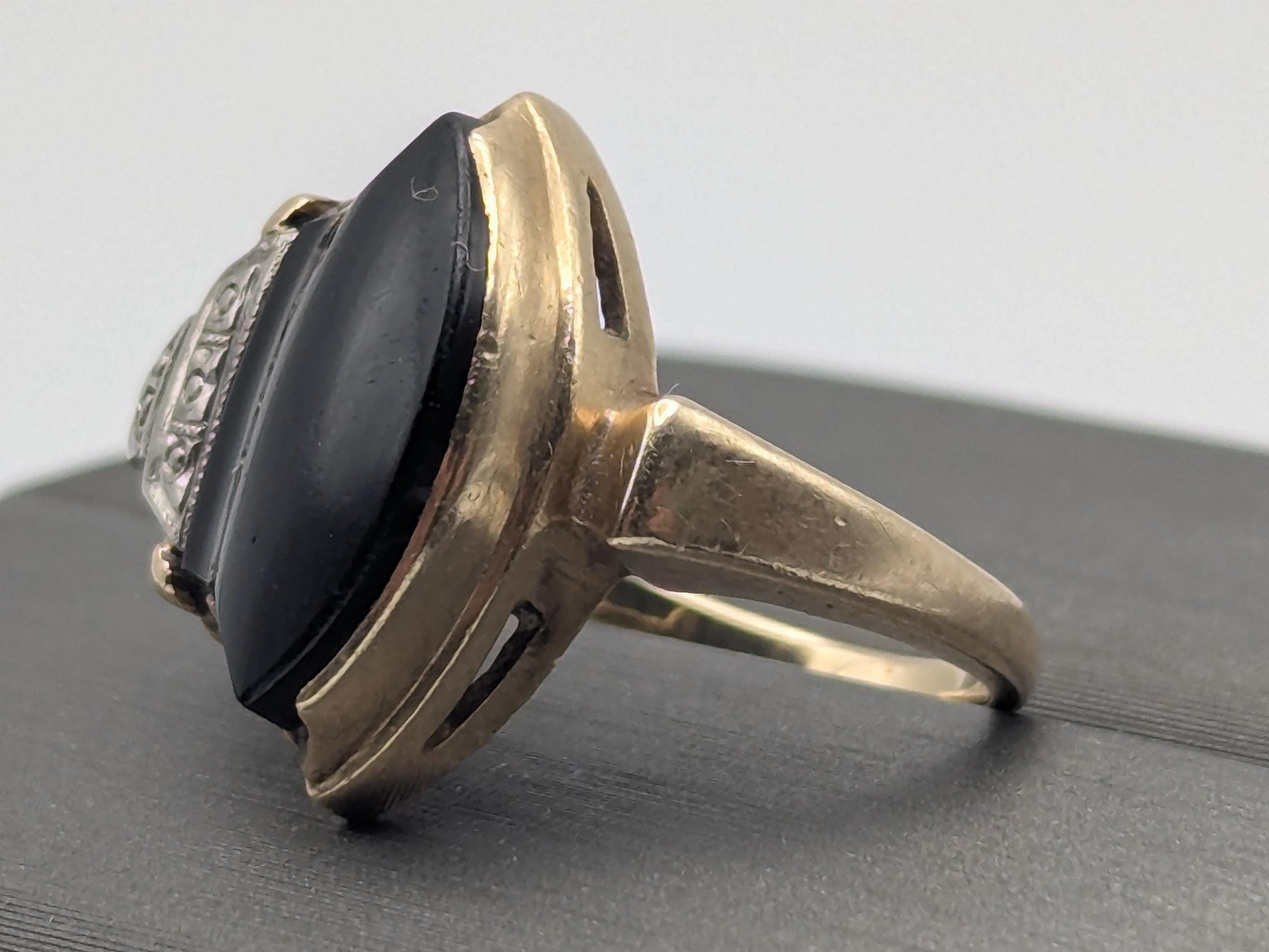Vintage 10k Yellow Viking Ax Gold Black Onyx Diamond Ring Statement Ring Wedding