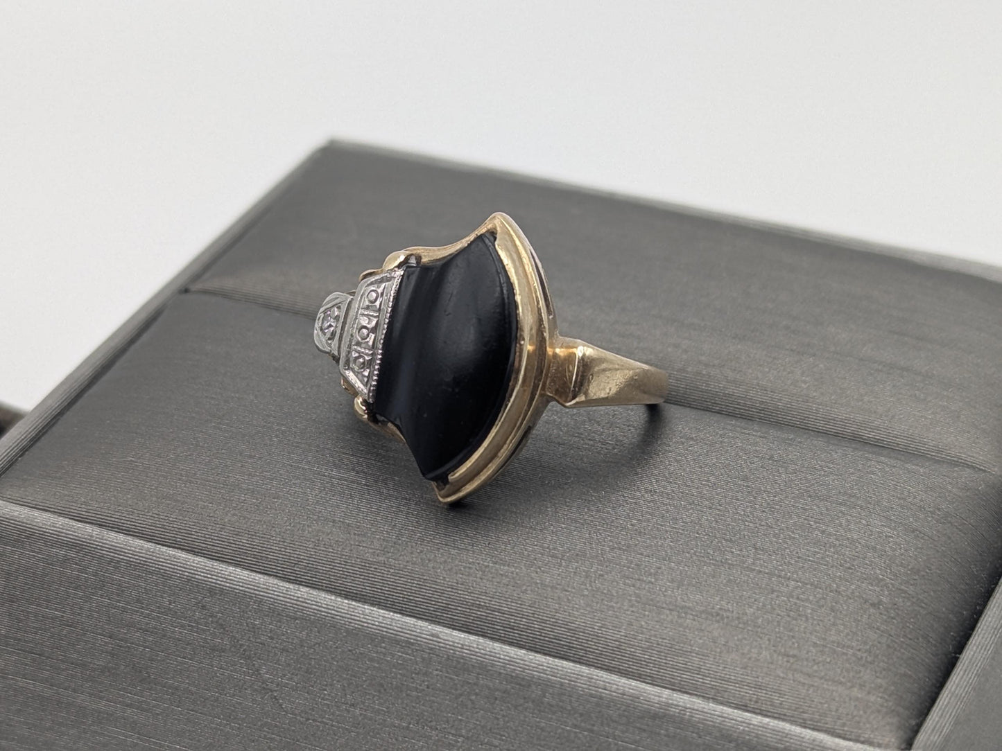 Vintage 10k Yellow Viking Ax Gold Black Onyx Diamond Ring Statement Ring Wedding