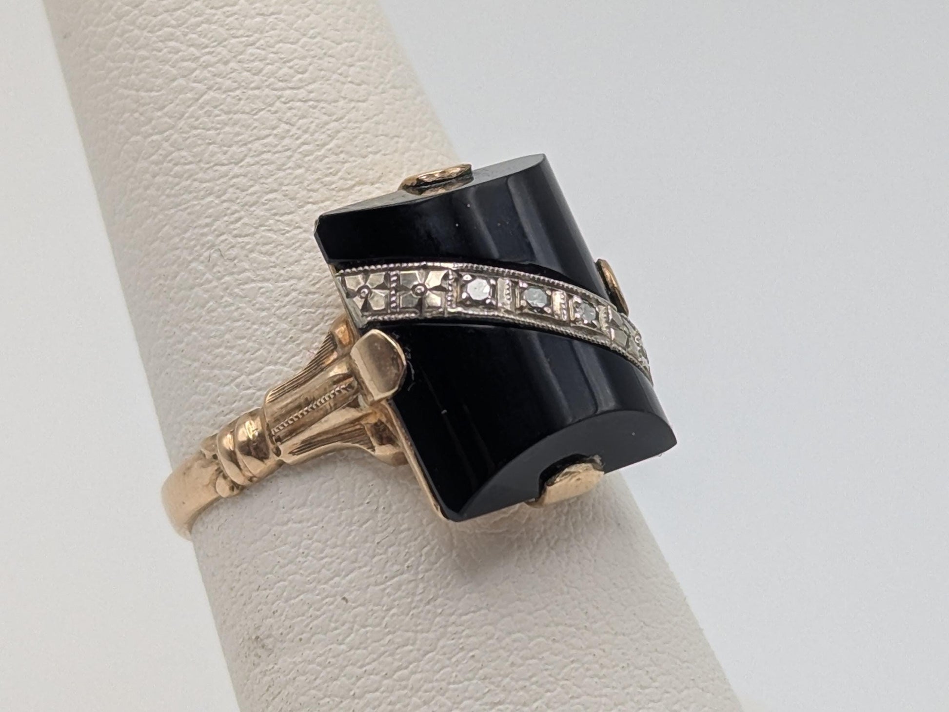 Vintage 10k Yellow Gold Black Onyx Diamond Ring Statement Ring. Signet Ring.