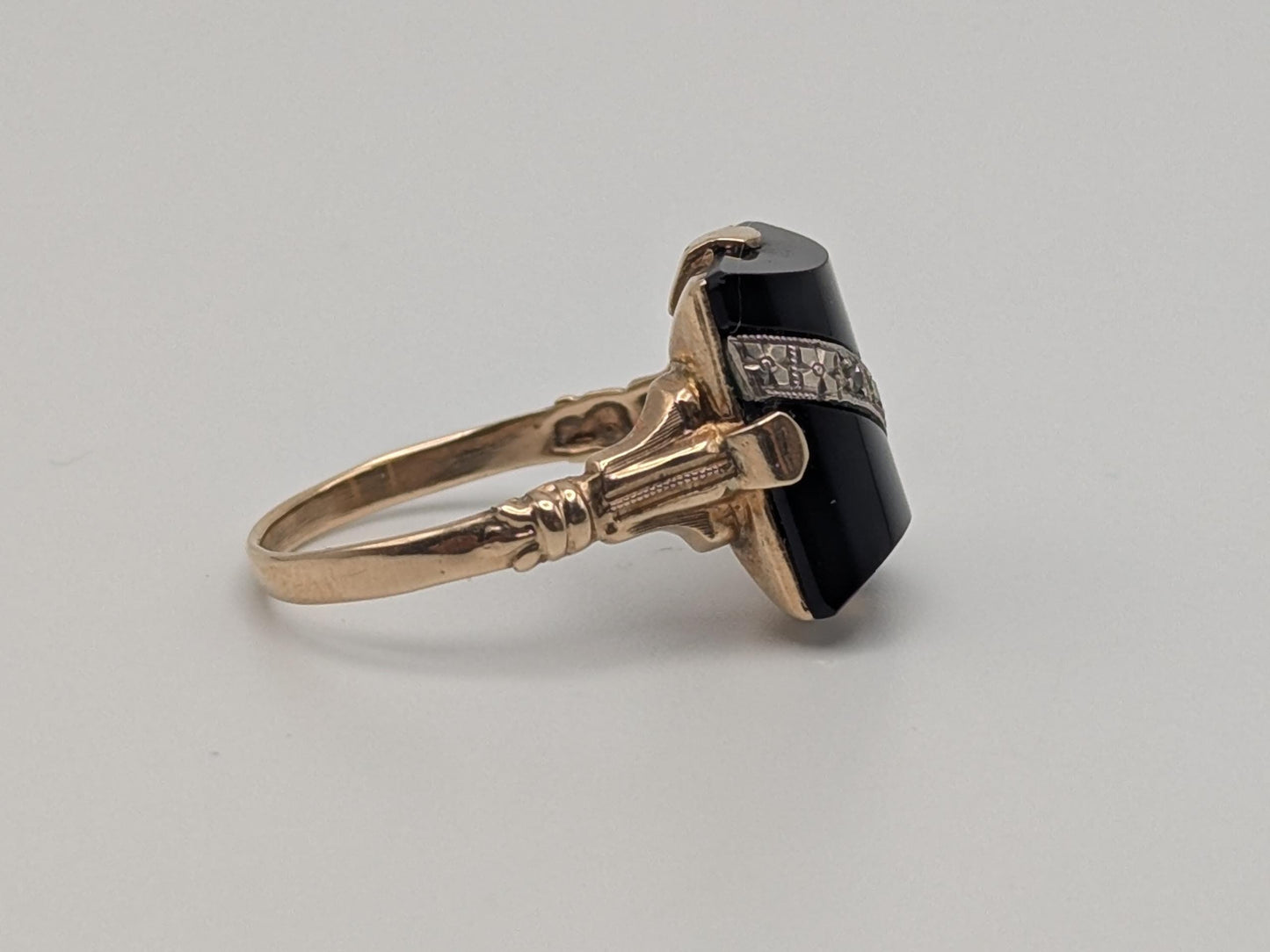 Vintage 10k Yellow Gold Black Onyx Diamond Ring Statement Ring. Signet Ring.