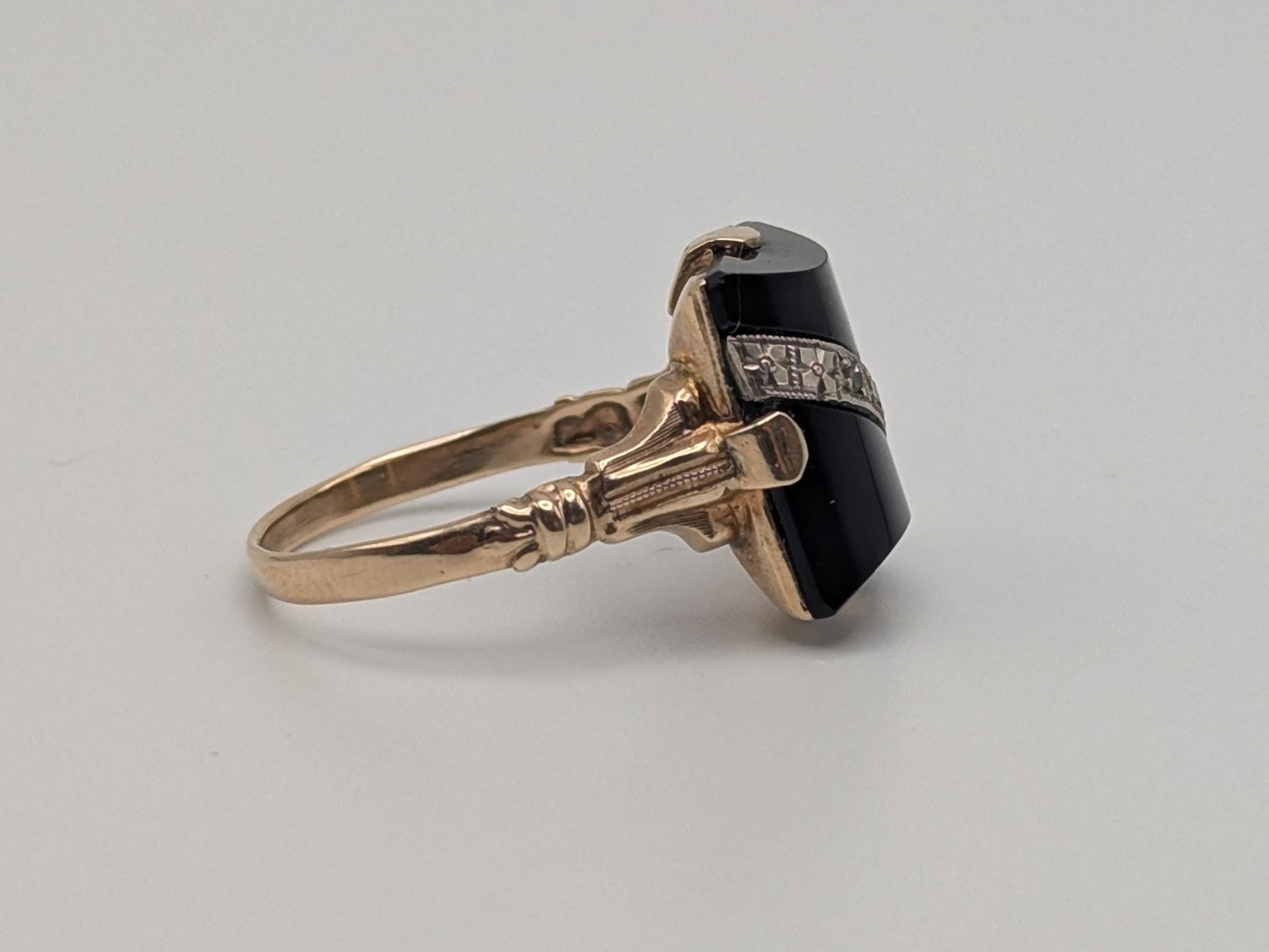 Vintage 10k Yellow Gold Black Onyx Diamond Ring Statement Ring. Signet Ring.