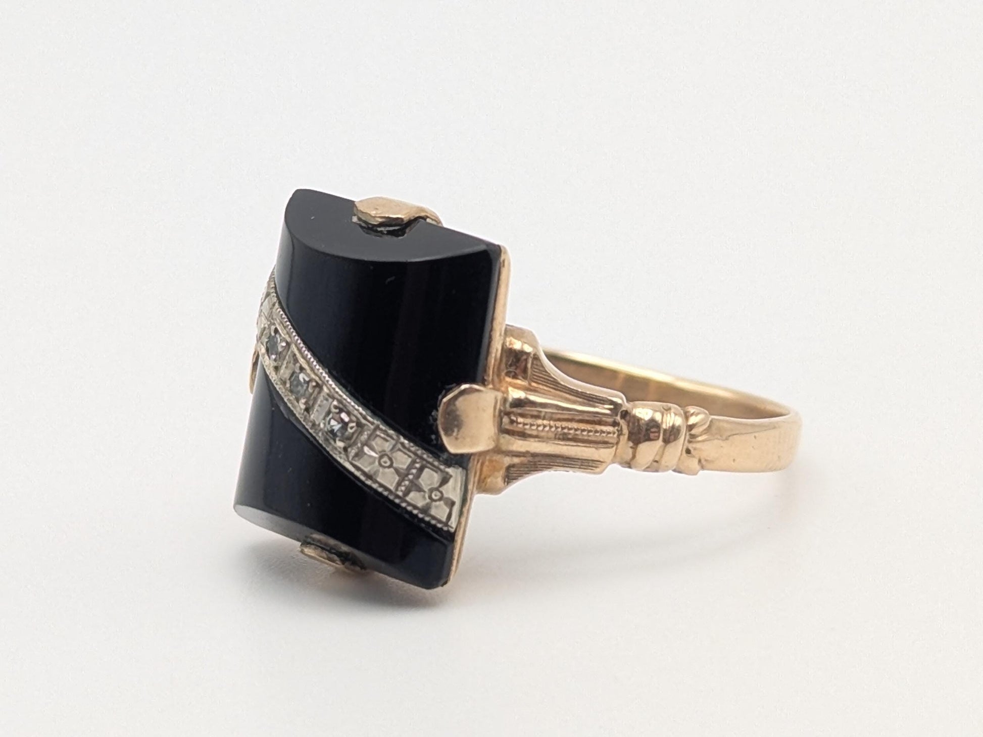 Vintage 10k Yellow Gold Black Onyx Diamond Ring Statement Ring. Signet Ring.