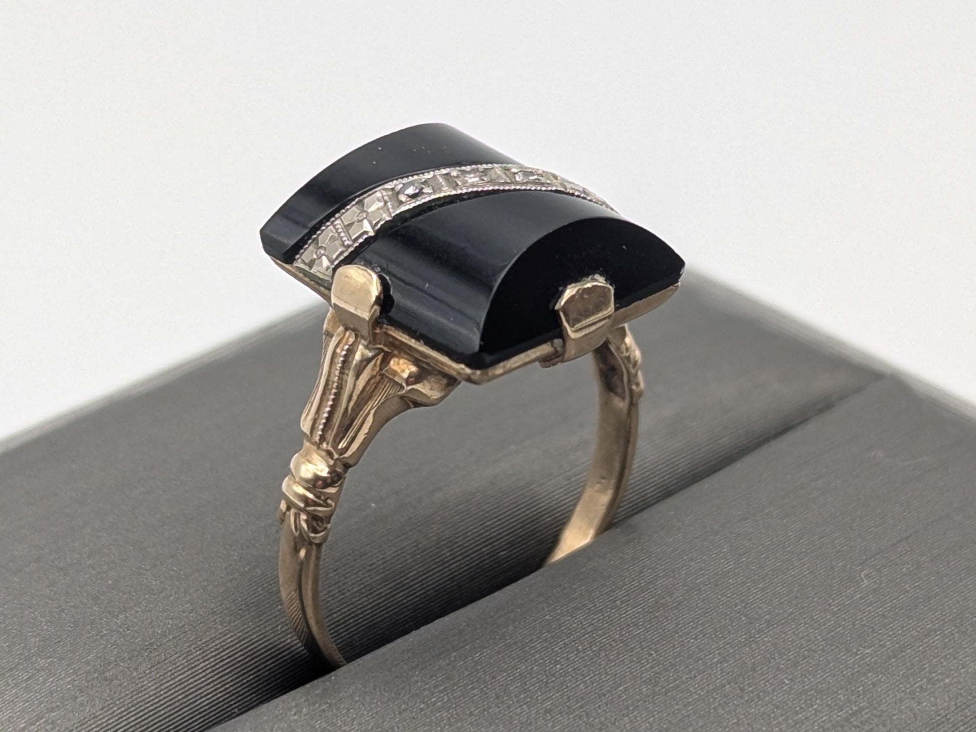 Vintage 10k Yellow Gold Black Onyx Diamond Ring Statement Ring. Signet Ring.