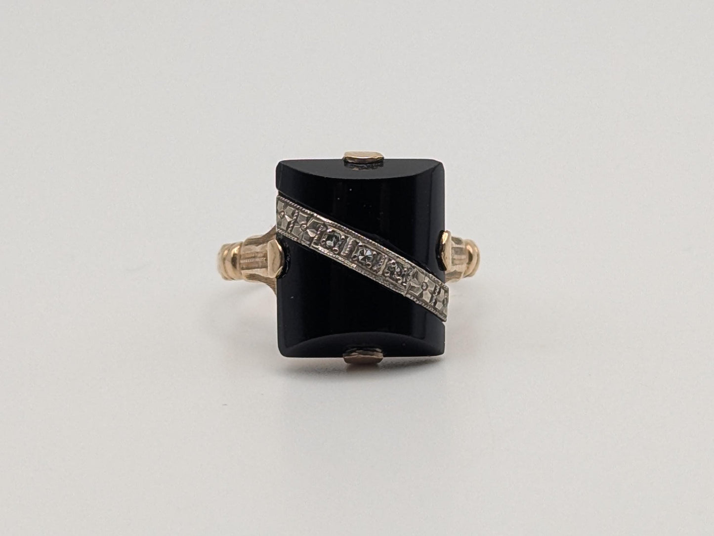 Vintage 10k Yellow Gold Black Onyx Diamond Ring Statement Ring. Signet Ring.