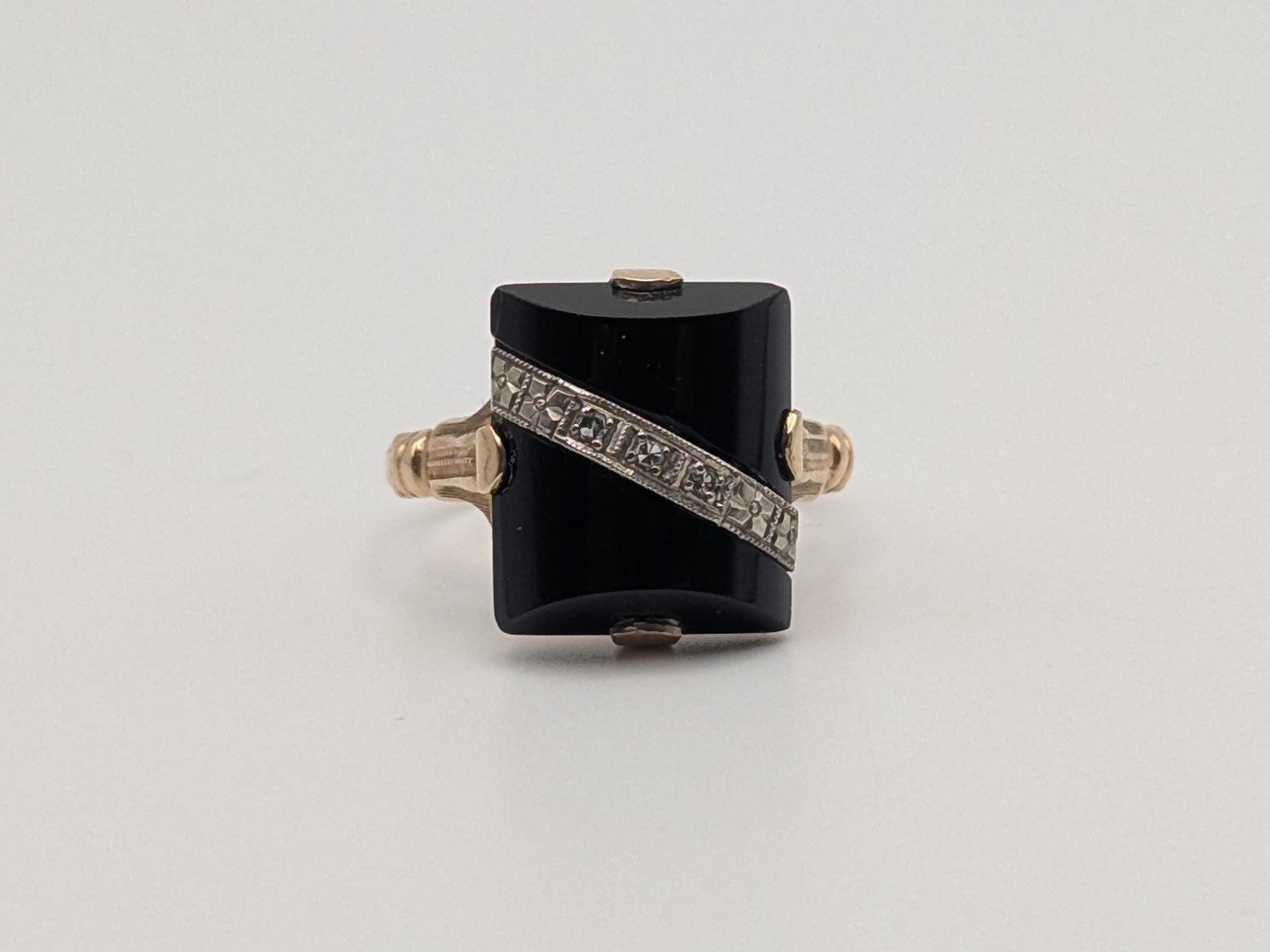 Vintage 10k Yellow Gold Black Onyx Diamond Ring Statement Ring. Signet Ring.
