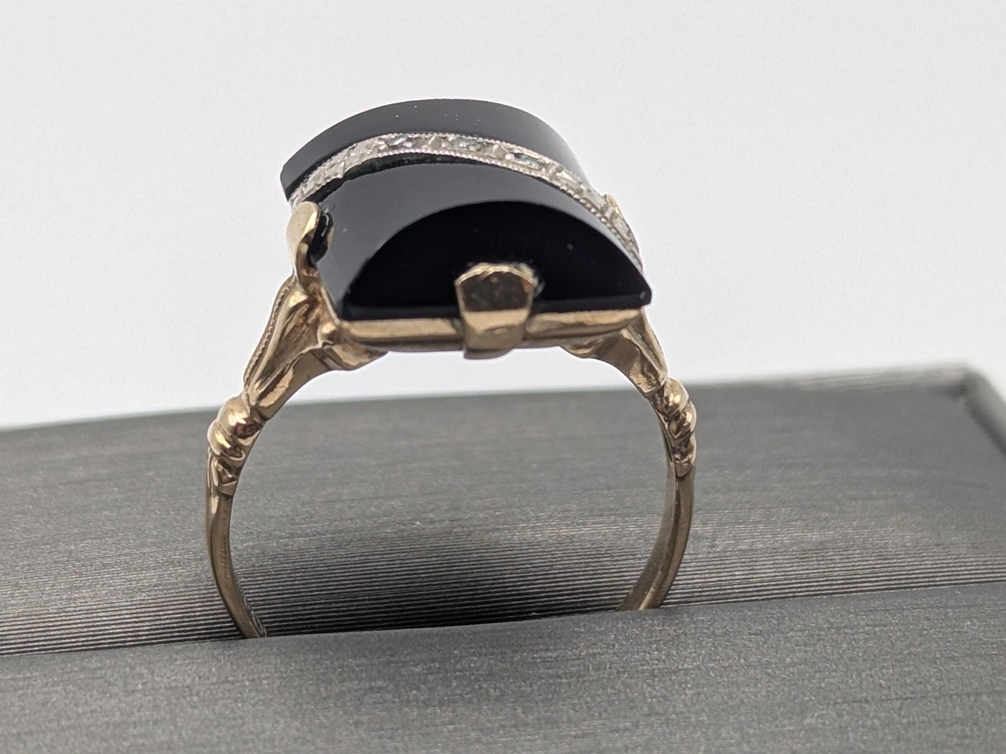 Vintage 10k Yellow Gold Black Onyx Diamond Ring Statement Ring. Signet Ring.